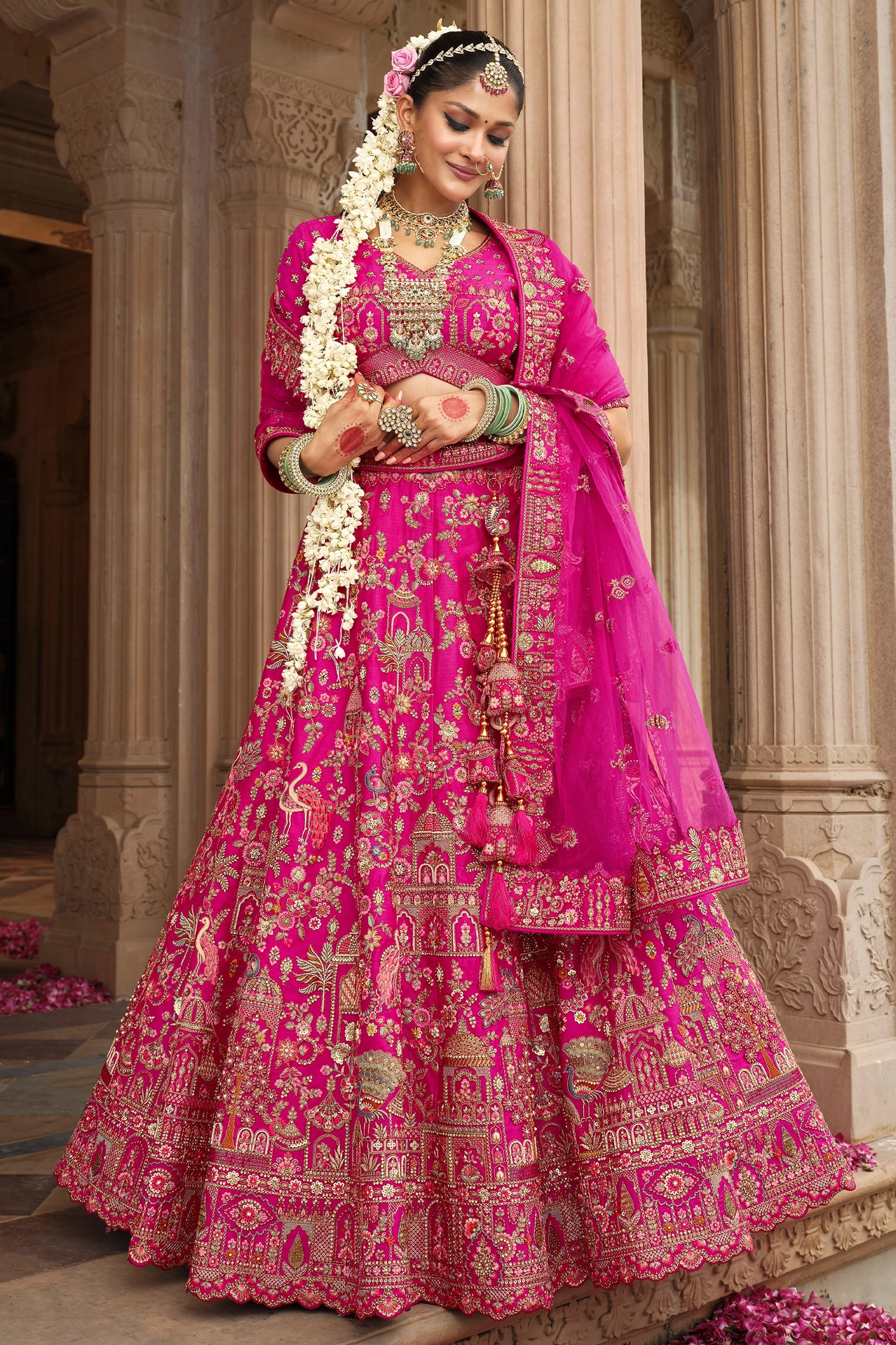 Fuchsia Pink Semi-Stitched Embroidered Silk Lehenga-SAR10534_1_SareeButa.com