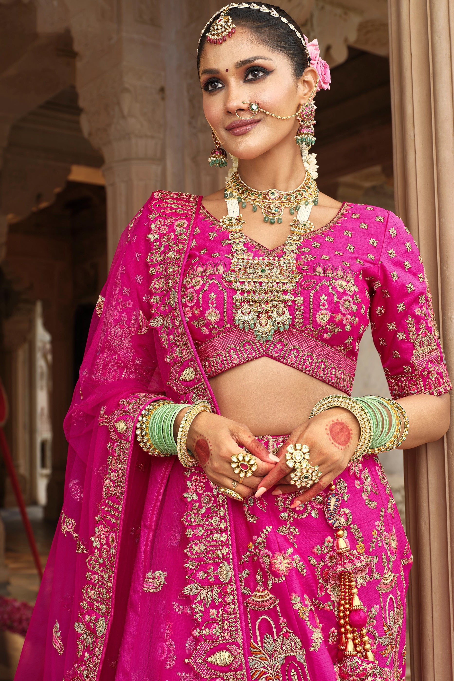 Fuchsia Pink Semi-Stitched Embroidered Silk Lehenga-SAR10534_2_SareeButa.com