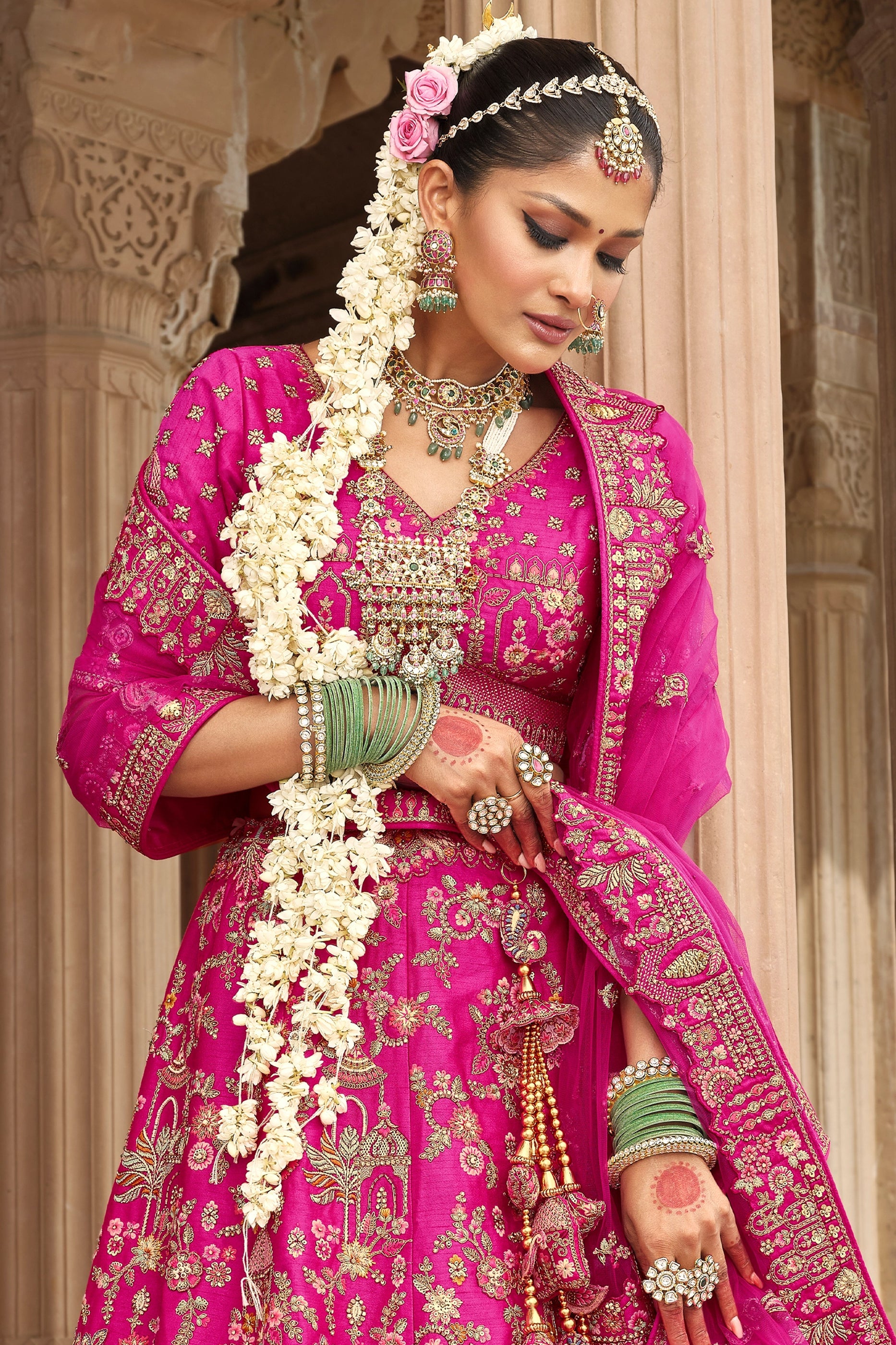 Fuchsia Pink Semi-Stitched Embroidered Silk Lehenga-SAR10534_3_SareeButa.com