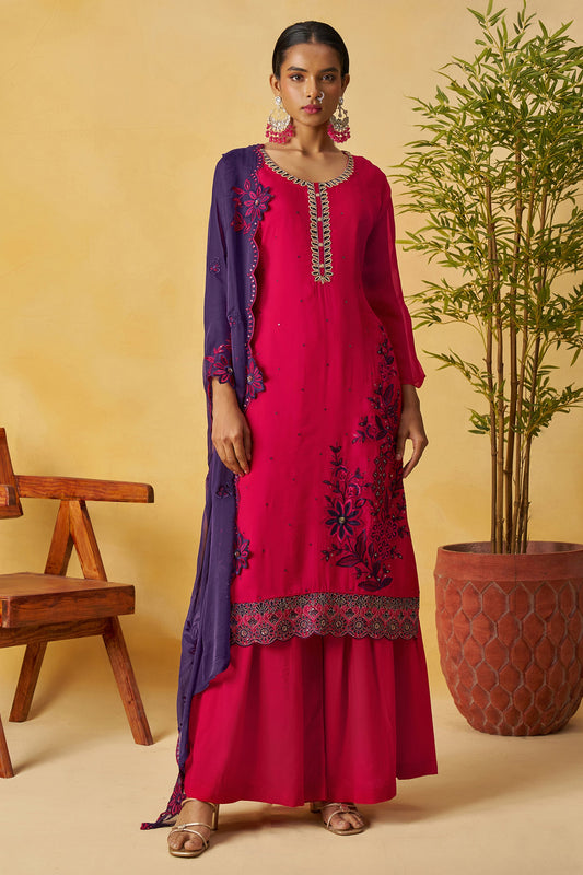 Fuhsia Pink Readymade Embroidered Organza Palazzo Suit-SAR10811_1_SareeButa.com