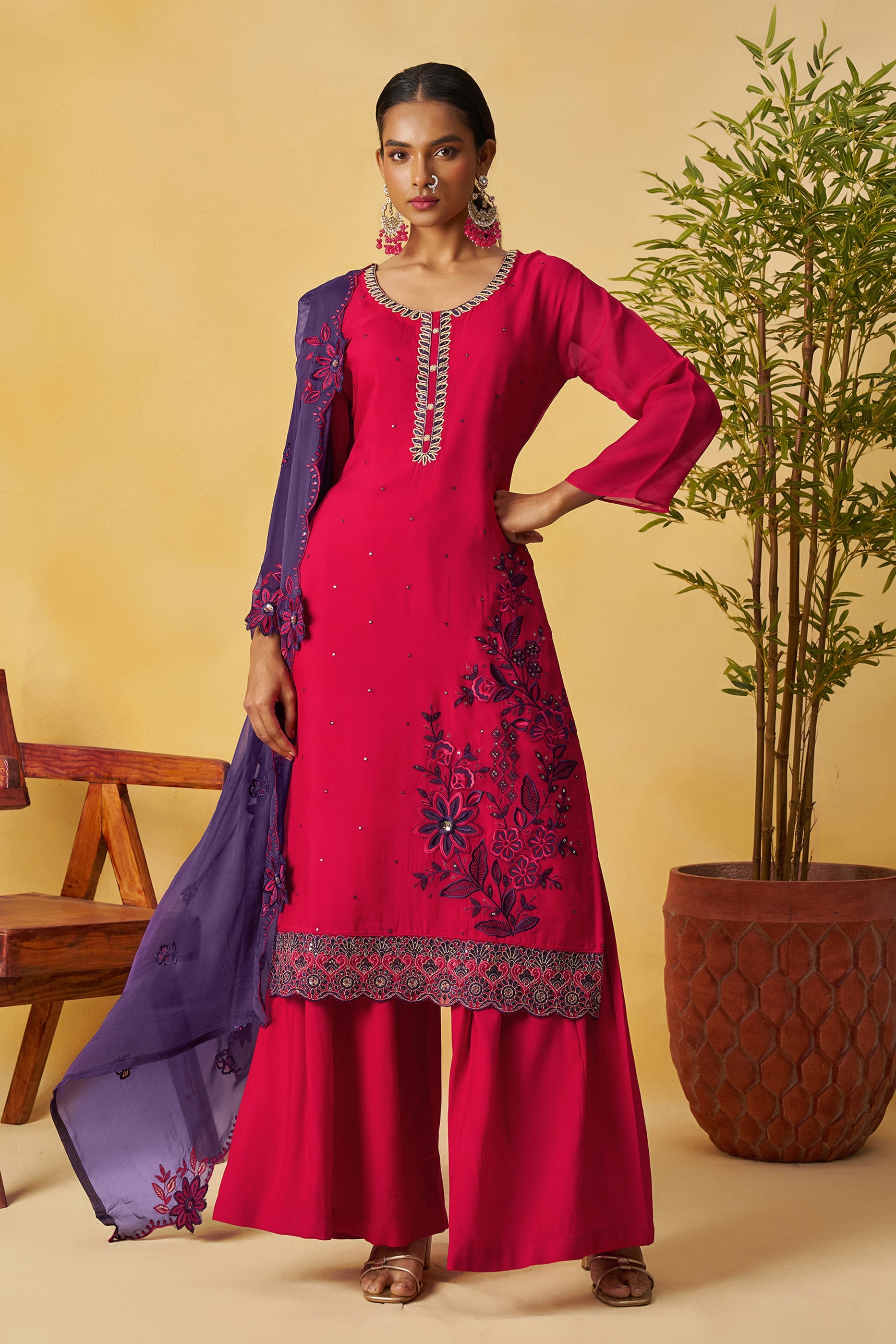 Fuhsia Pink Readymade Embroidered Organza Palazzo Suit-SAR10811_3_SareeButa.com