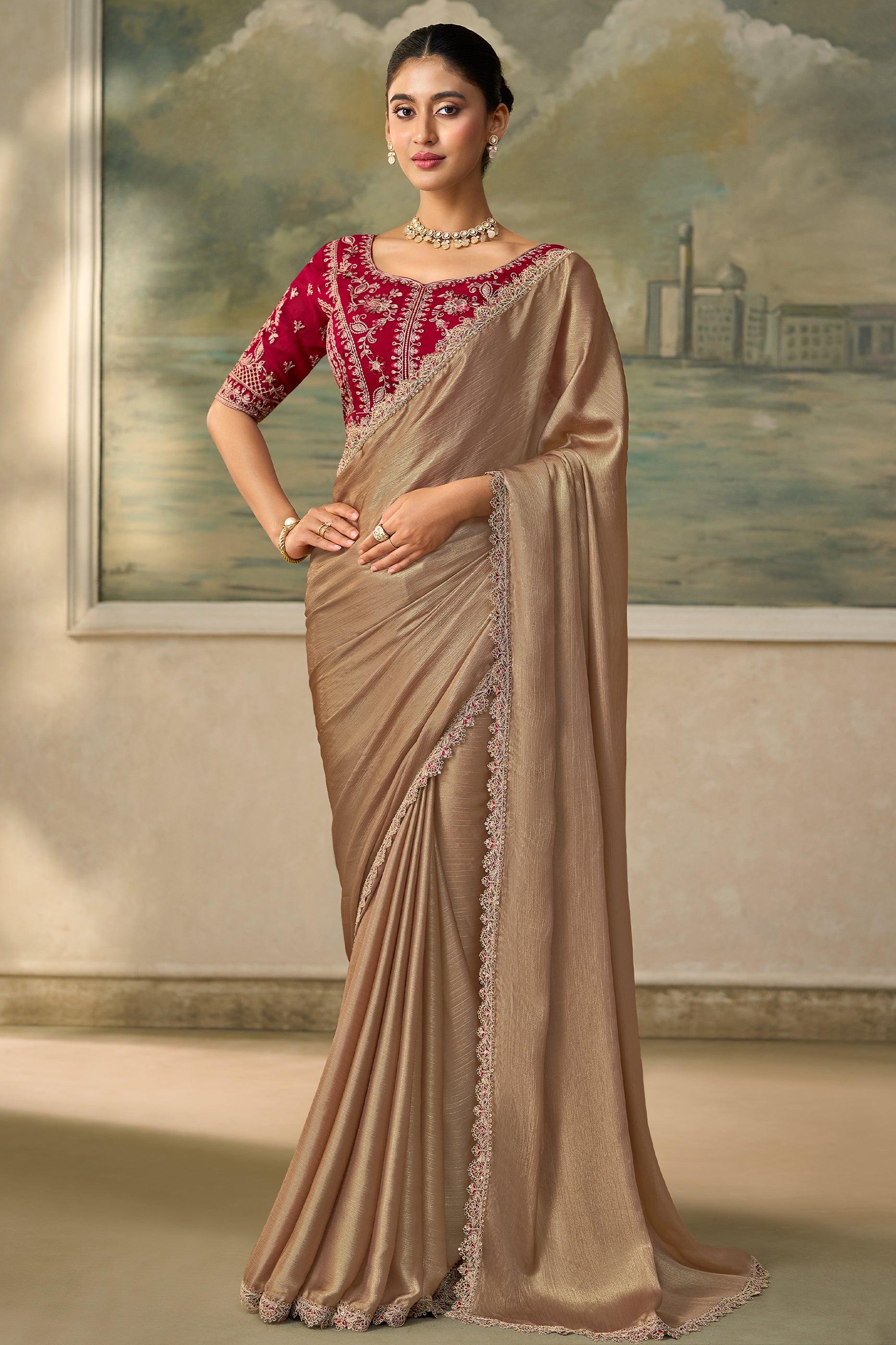 Gold Beige Embroidered Chiffon Saree-SAR13185_1_SareeButa.com