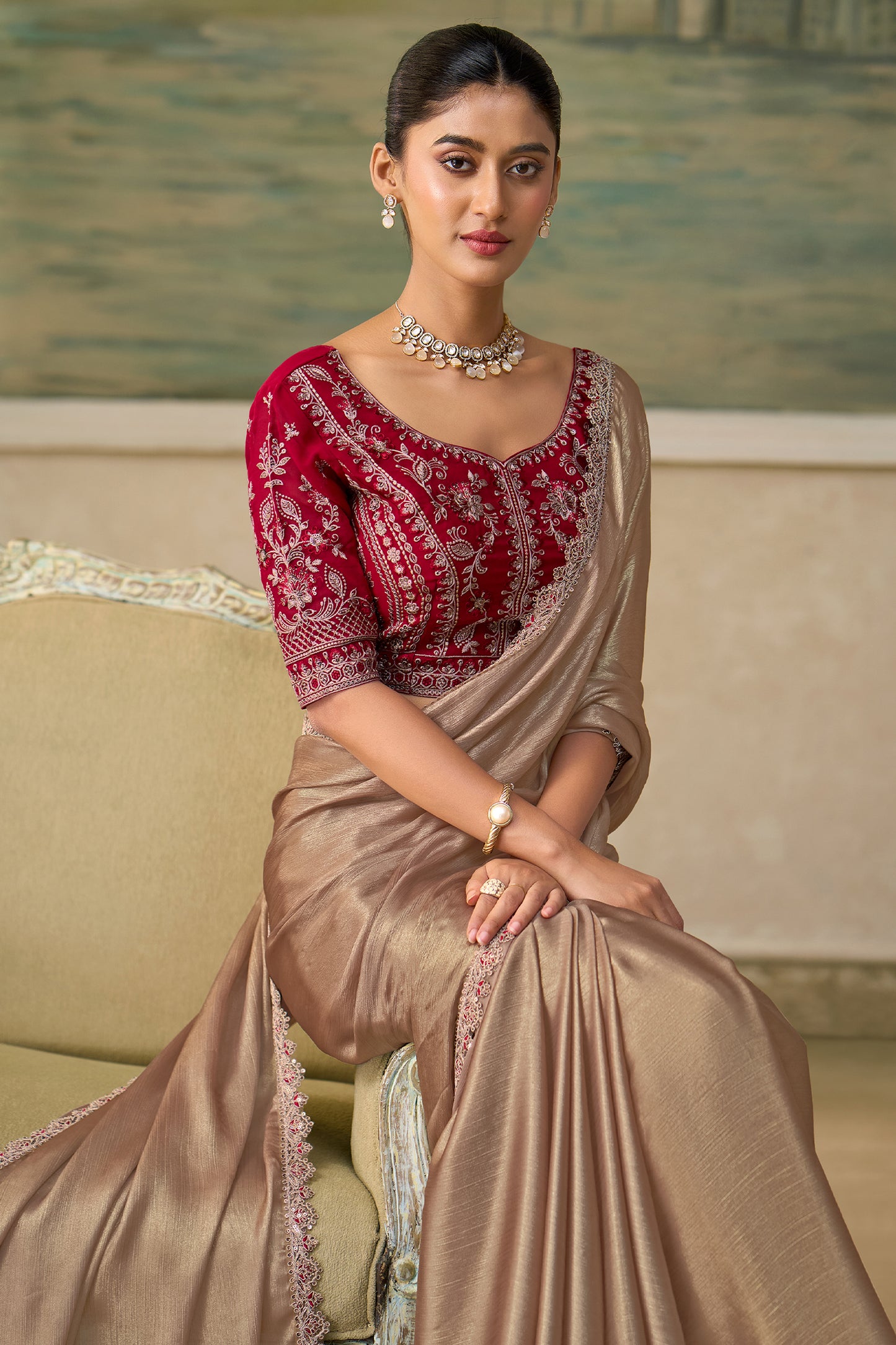 Gold Beige Embroidered Chiffon Saree-SAR13185_2_SareeButa.com