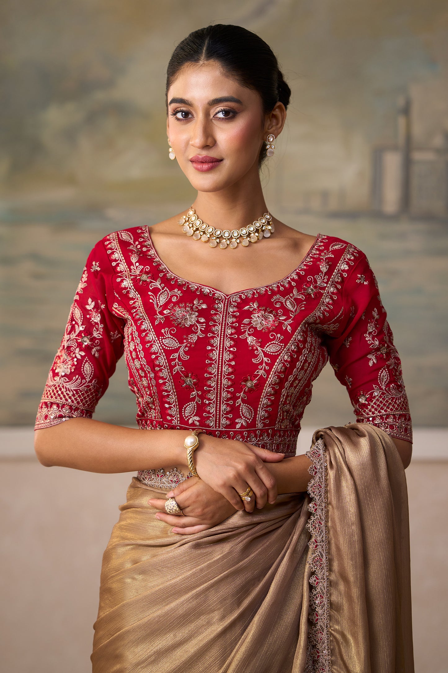 Gold Beige Embroidered Chiffon Saree-SAR13185_3_SareeButa.com