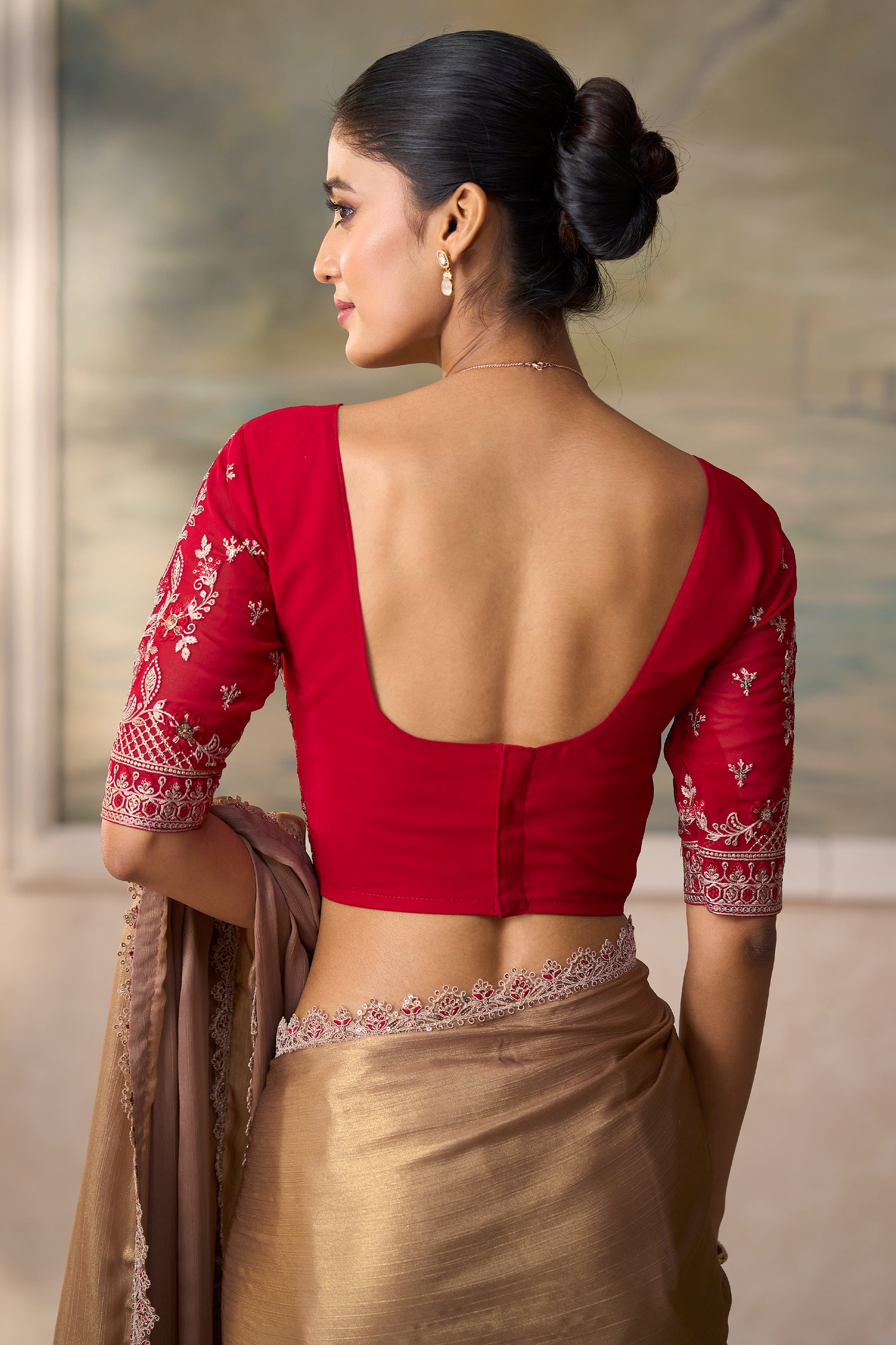 Gold Beige Embroidered Chiffon Saree-SAR13185_4_SareeButa.com