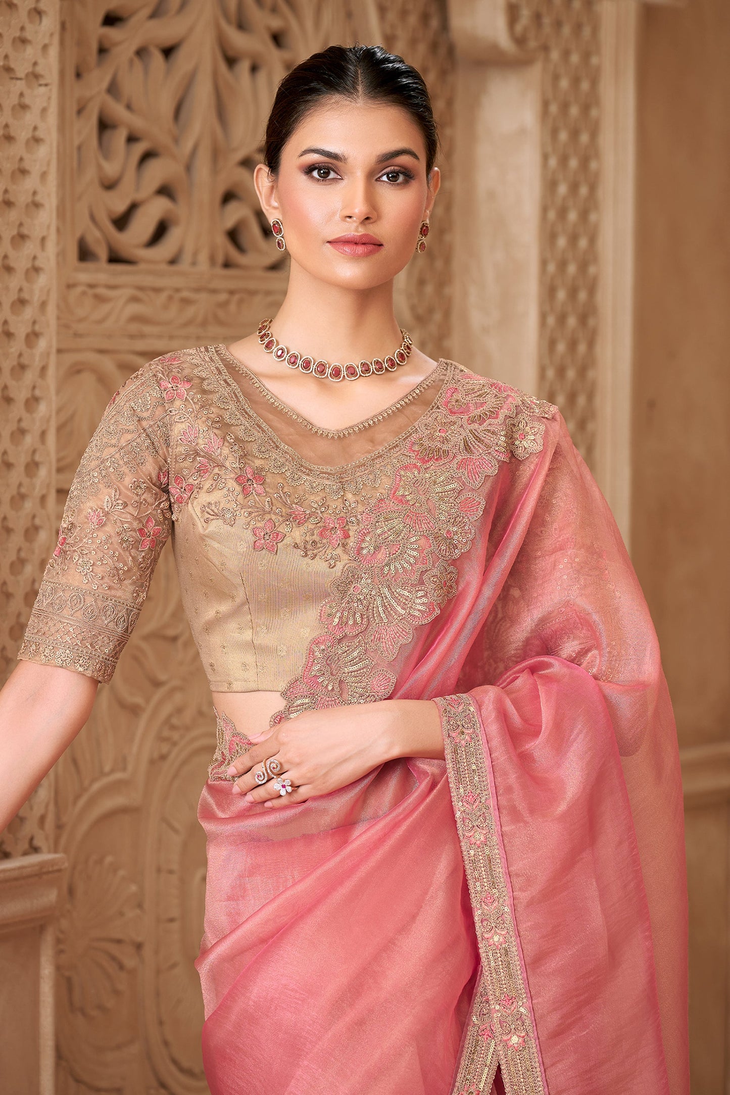 Gold Pink Tissue Georgette Saree-SAR10593_2_SareeButa.com