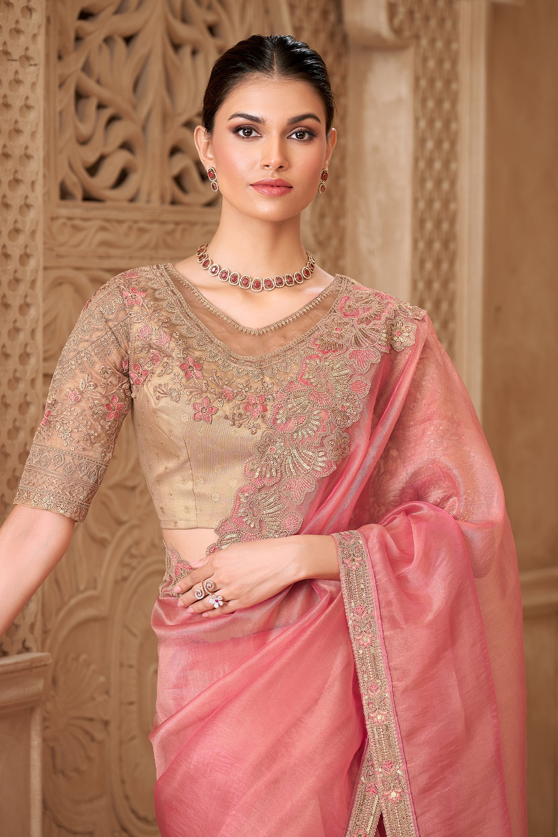 Gold Pink Tissue Georgette Saree-SAR10593_2_SareeButa.com