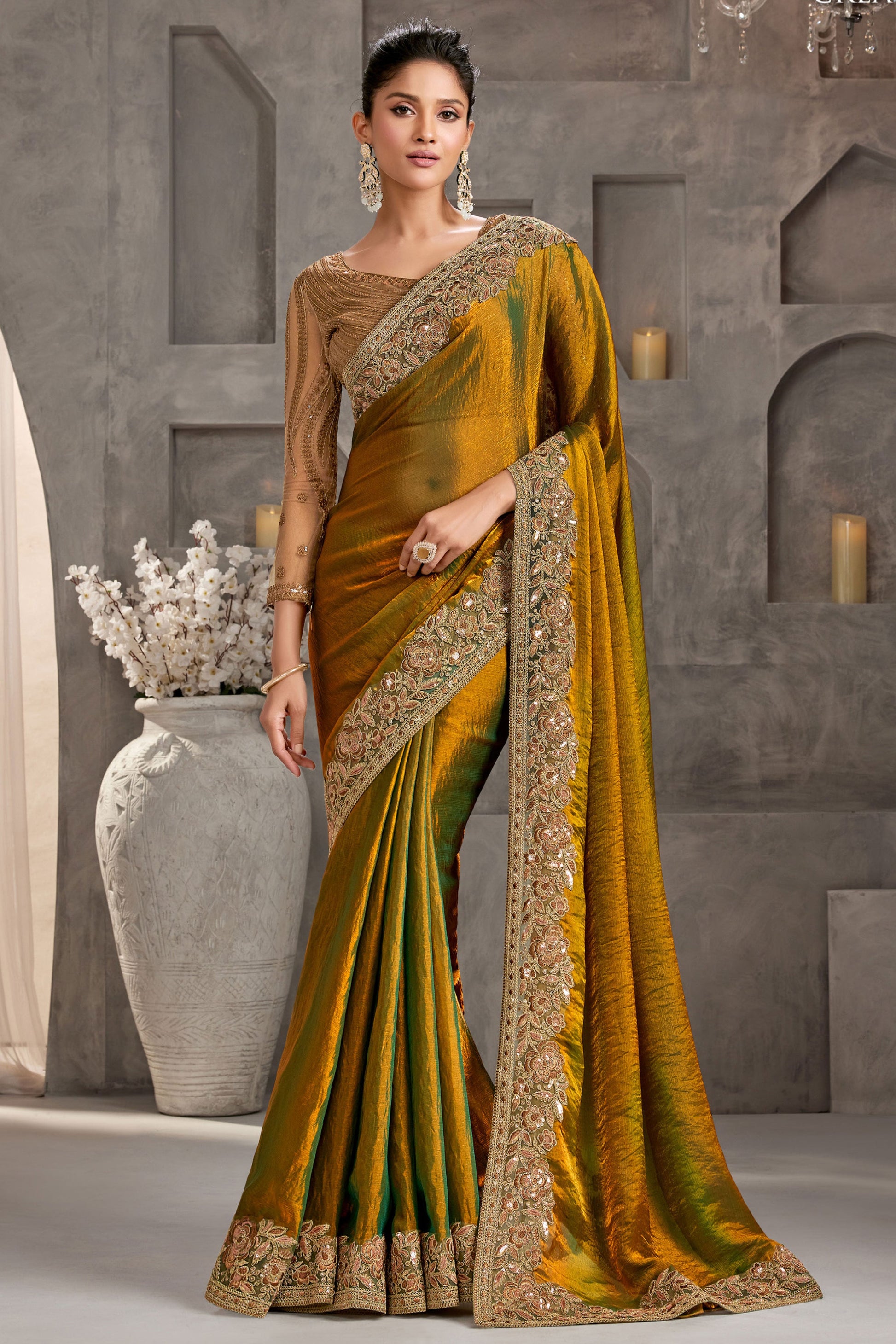 Cyber Gold  Embroidered Chiffon Saree-ZB134246_1_SareeButa.com