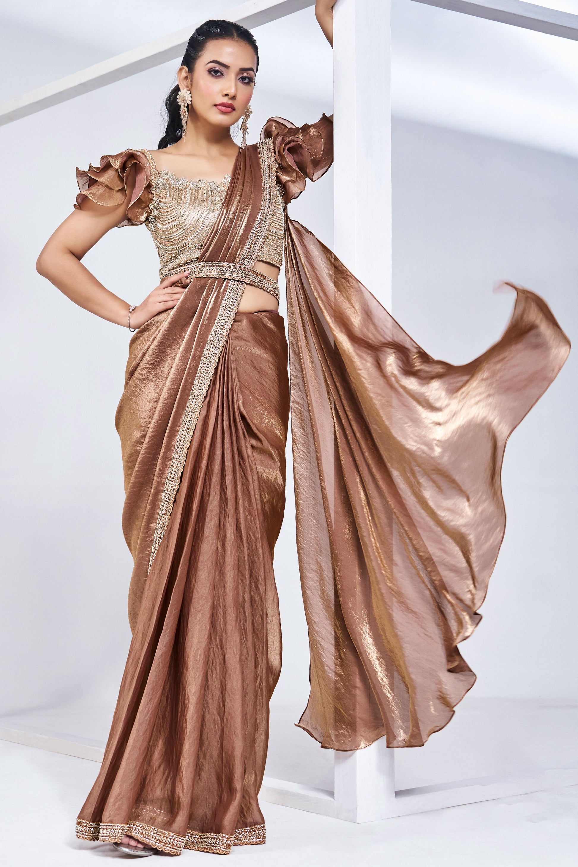 Golden Satin Silk Readymade Saree-ZB133206_3_SareeButa.com