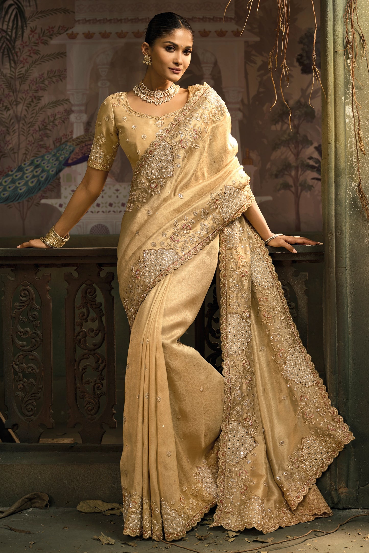 Golden Beige Embroidered Banarasi Silk Saree-SAR12041_3_SareeButa.com