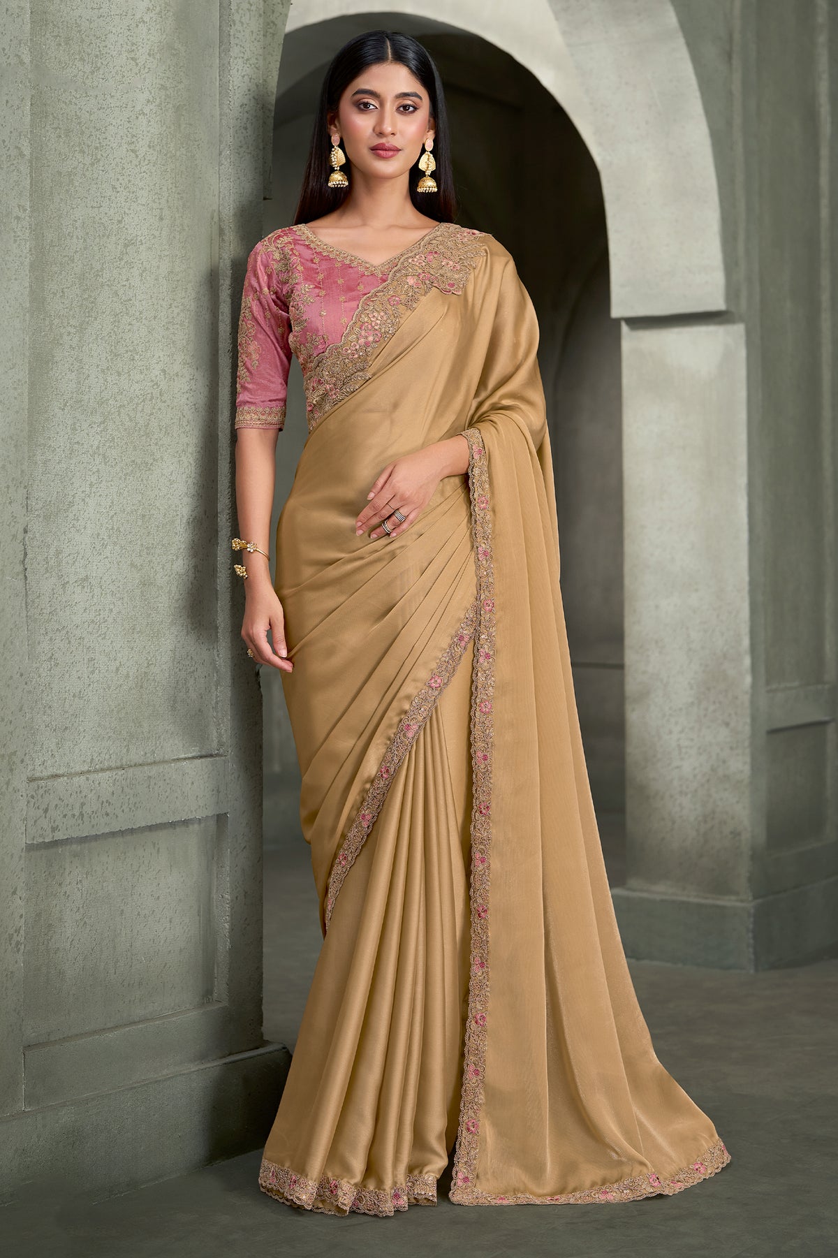 Golden Beige Embroidered Satin Georgette Saree-SAR13283_1_SareeButa.com
