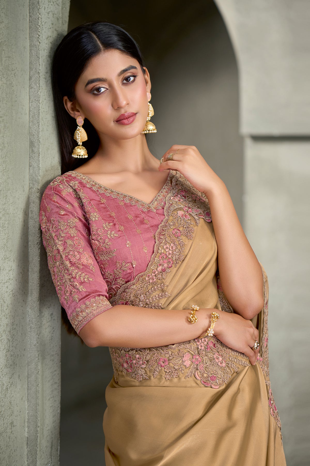 Golden Beige Embroidered Satin Georgette Saree-SAR13283_2_SareeButa.com
