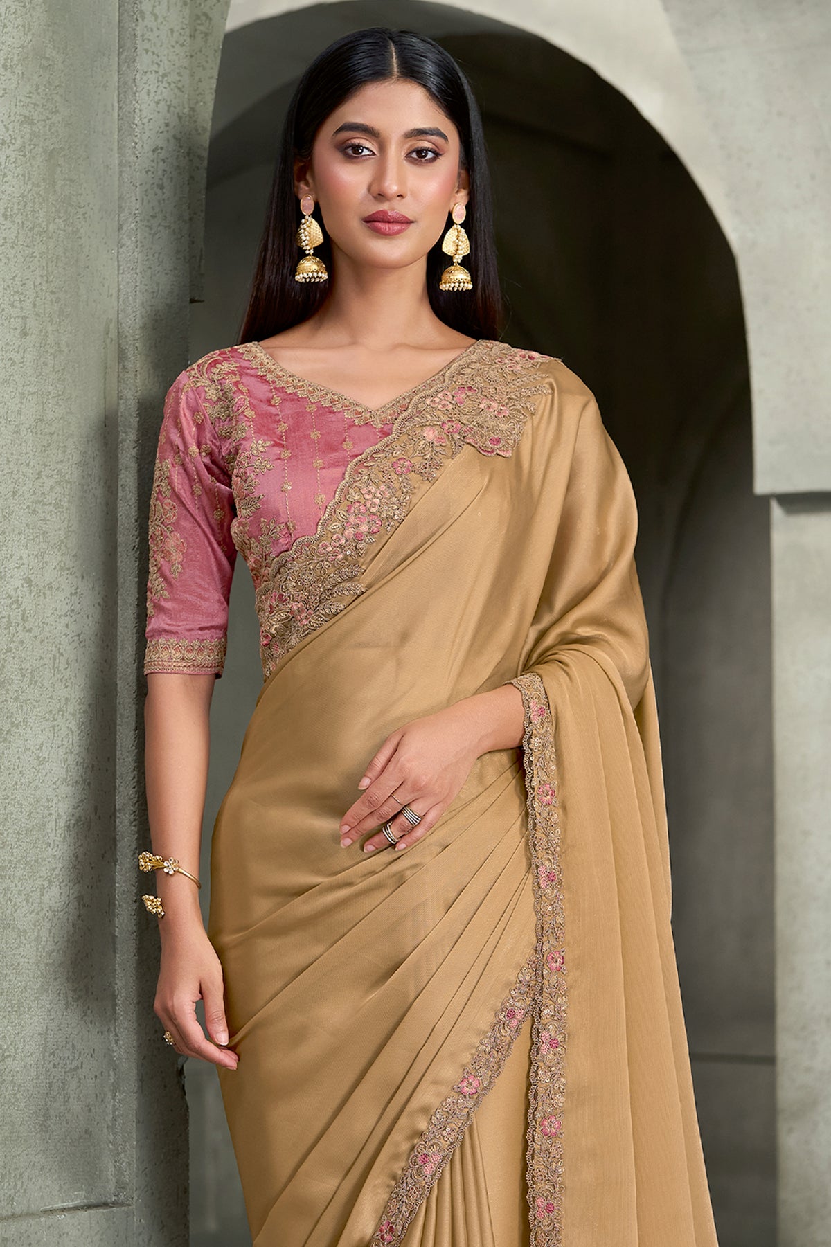 Golden Beige Embroidered Satin Georgette Saree-SAR13283_3_SareeButa.com