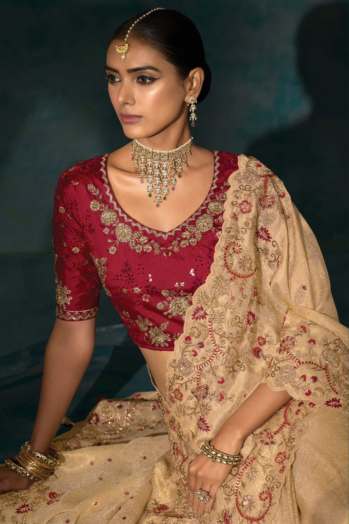 Golden Beige Embroidered Silk Saree-SAR10390_2_SareeButa.com