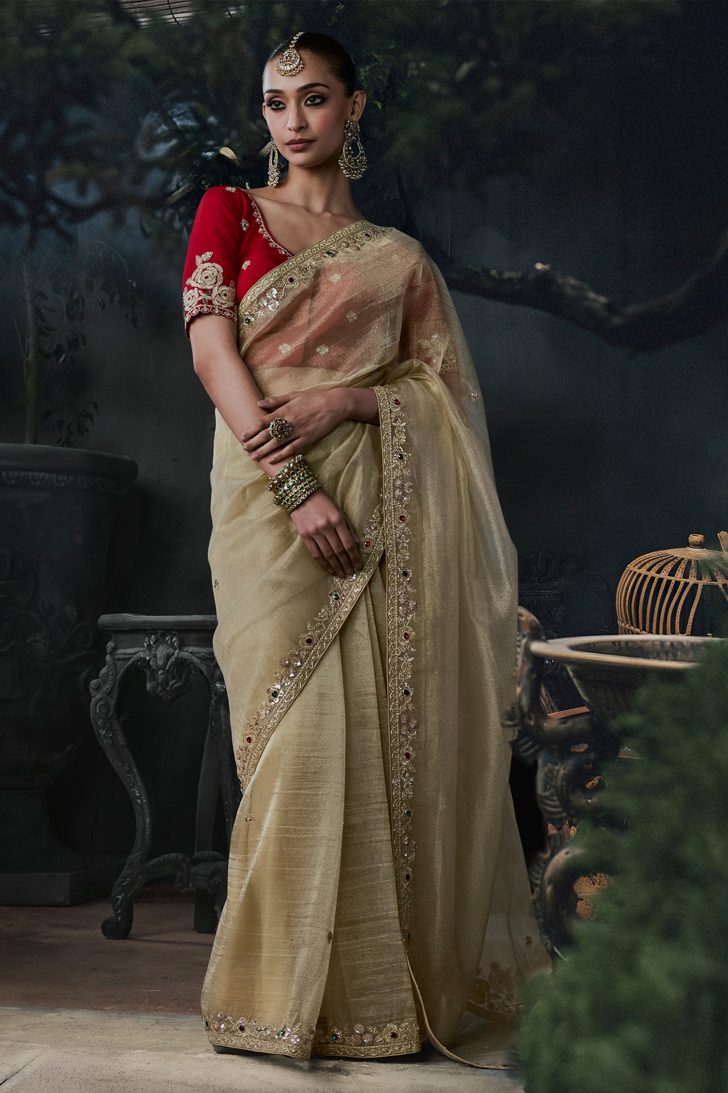Golden Beige Embroidered Tissue Organza Saree-SAR13103_1_SareeButa.com