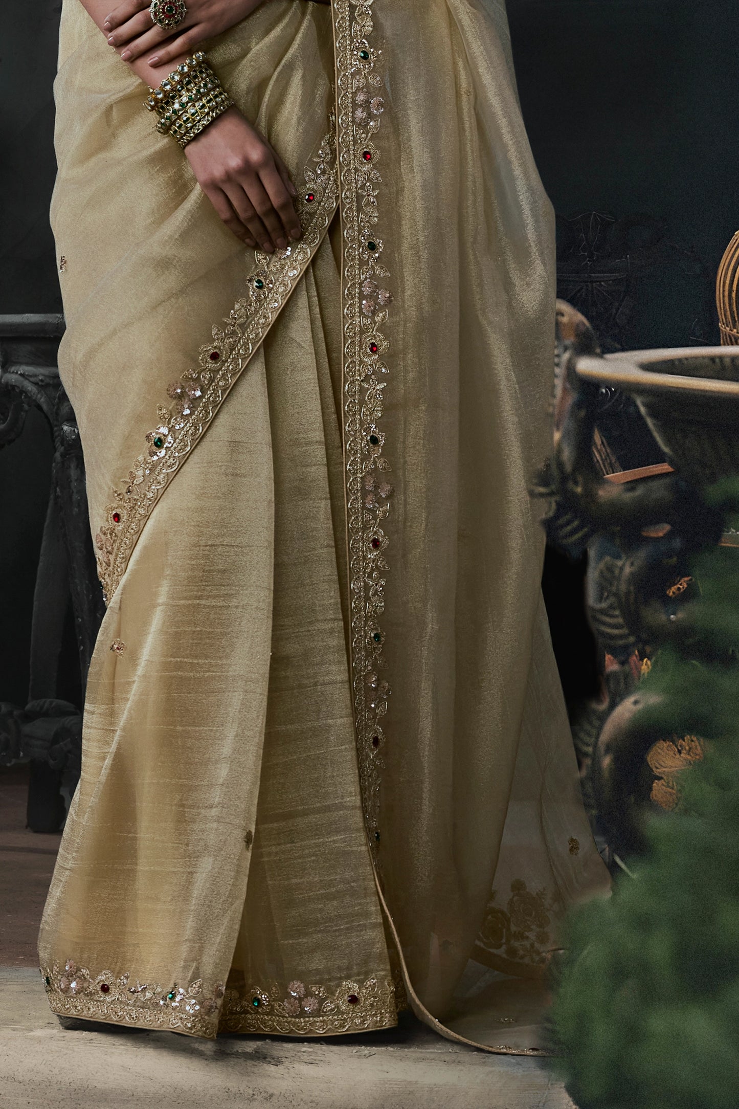 Golden Beige Embroidered Tissue Organza Saree-SAR13103_6_SareeButa.com