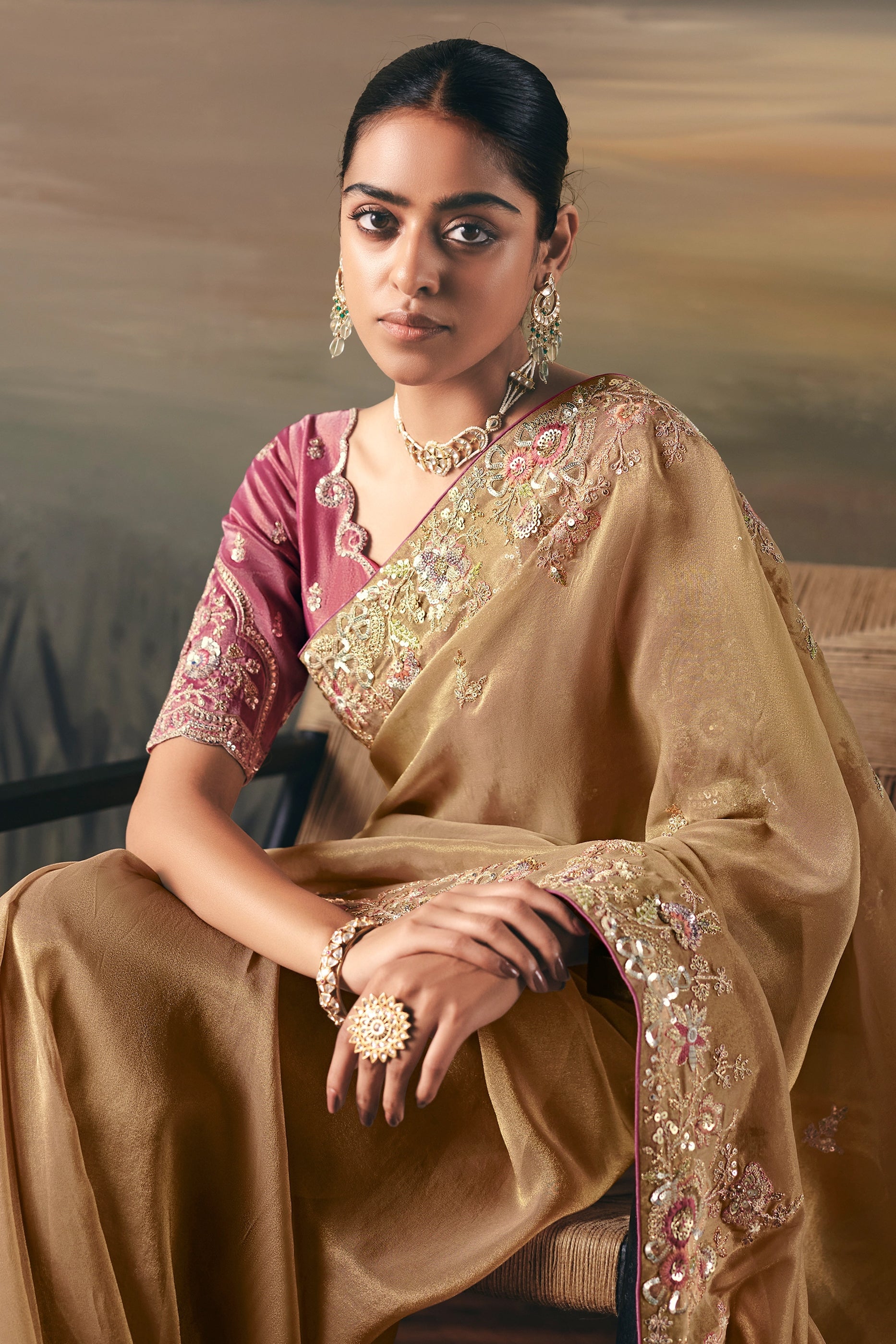 Golden Beige Embroidered Tissue Saree-SAR10830_2_SareeButa.com