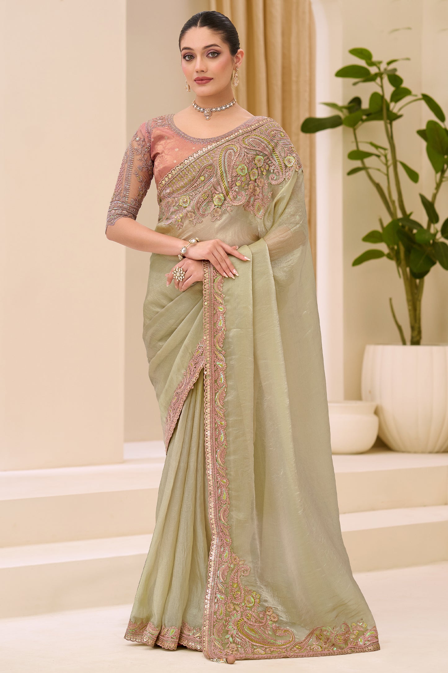 Golden Beige Embroidered Tissue Saree-SAR12439_1_SareeButa.com