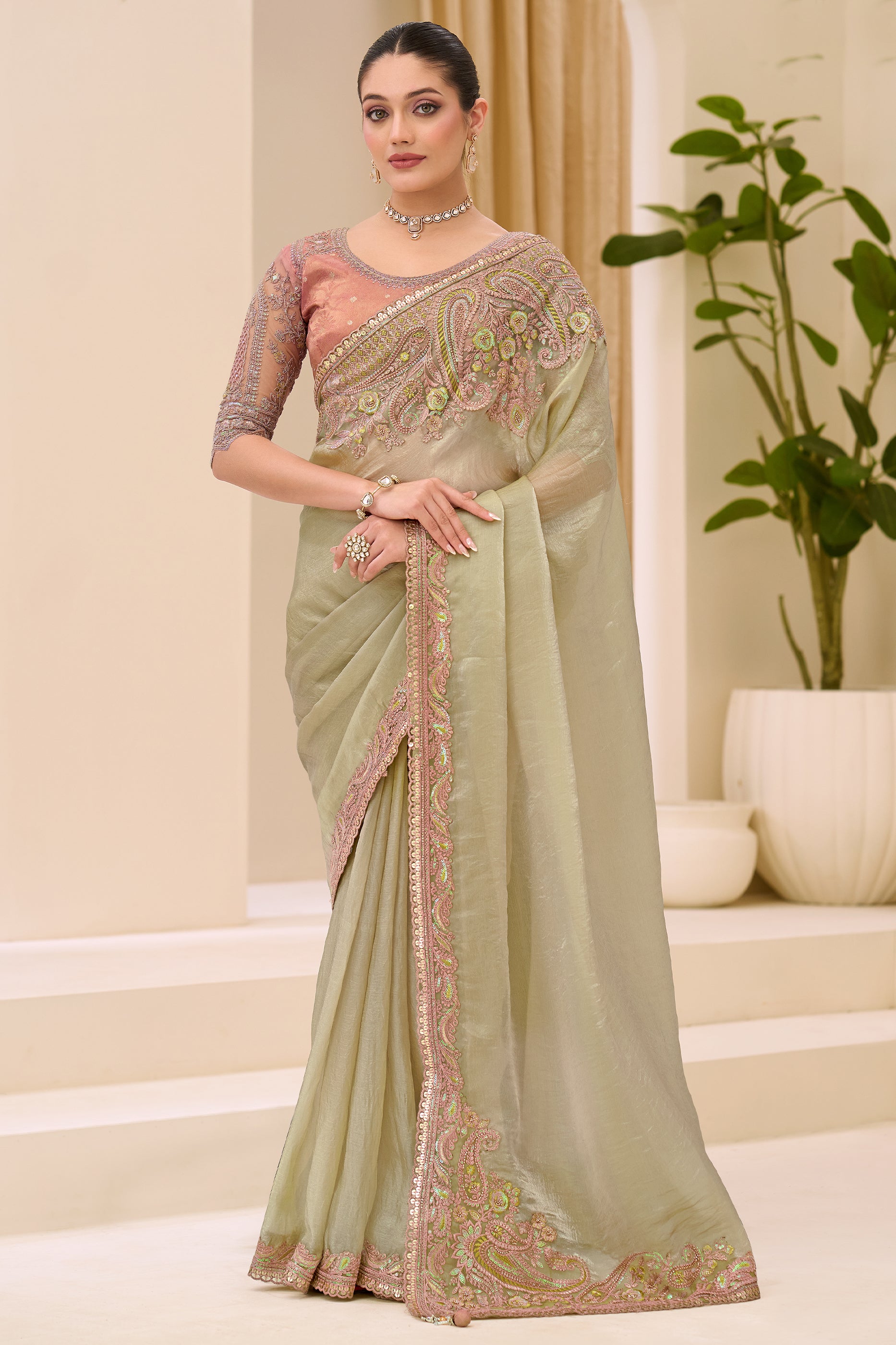 Golden Beige Embroidered Tissue Saree-SAR12439_1_SareeButa.com