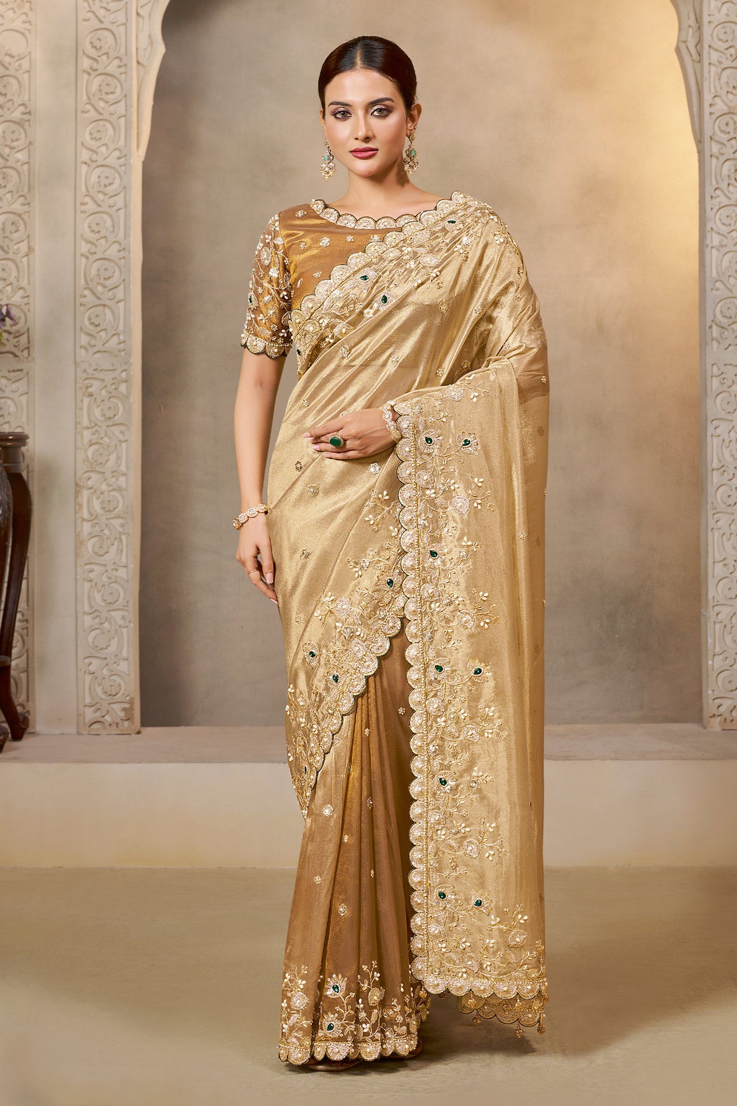 Golden Beige Embroidered Tissue Silk Saree-SAR10866_1_SareeButa.com