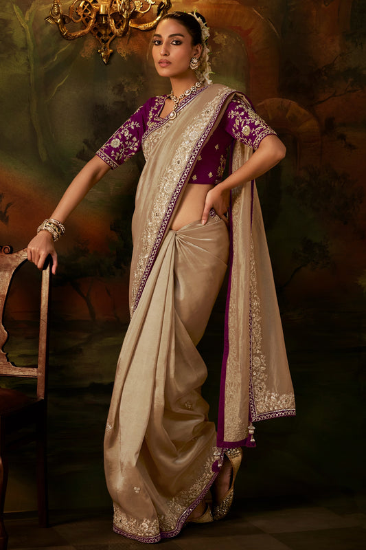 Golden Beige Embroidered Viscose Tissue Saree-SAR13251_1_SareeButa.com