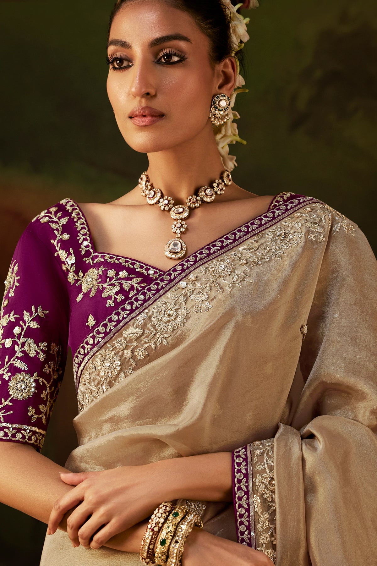 Golden Beige Embroidered Viscose Tissue Saree-SAR13251_2_SareeButa.com