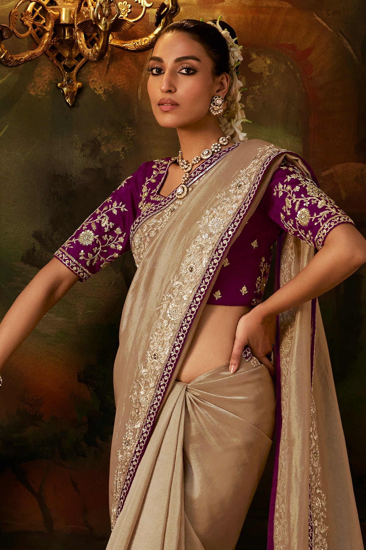 Golden Beige Embroidered Viscose Tissue Saree-SAR13251_3_SareeButa.com