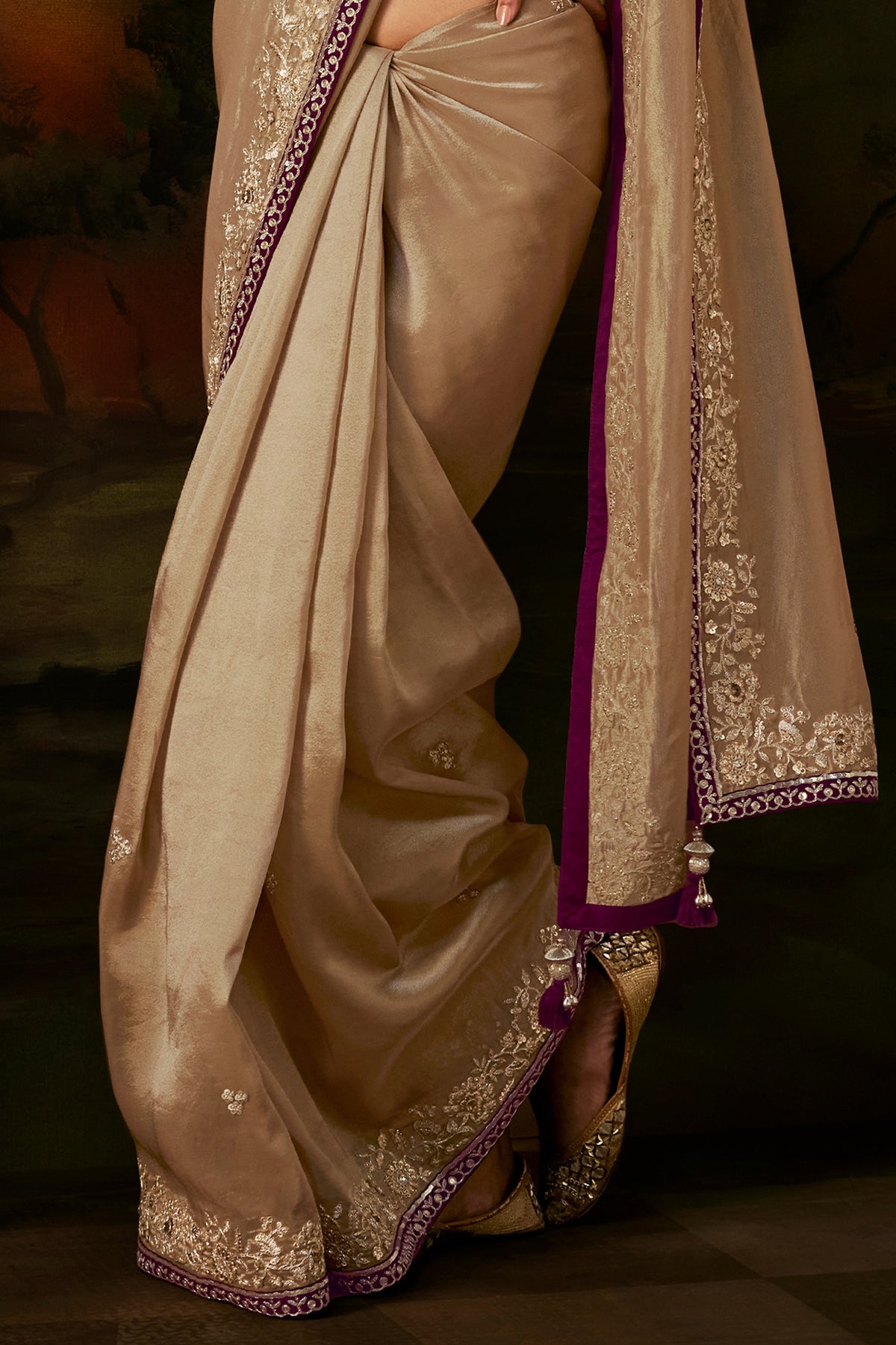 Golden Beige Embroidered Viscose Tissue Saree-SAR13251_4_SareeButa.com