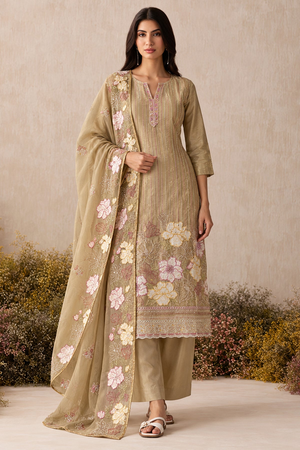 Golden Beige Readymade Embroidered Shimmer Silk Suit-SAR13338_1_SareeButa.com