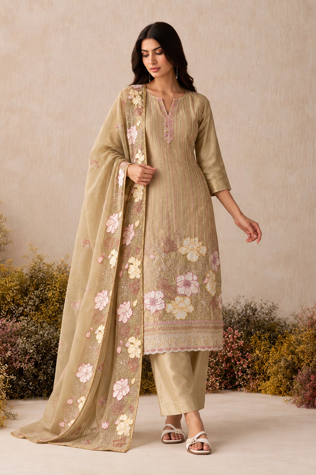 Golden Beige Readymade Embroidered Shimmer Silk Suit-SAR13338_3_SareeButa.com