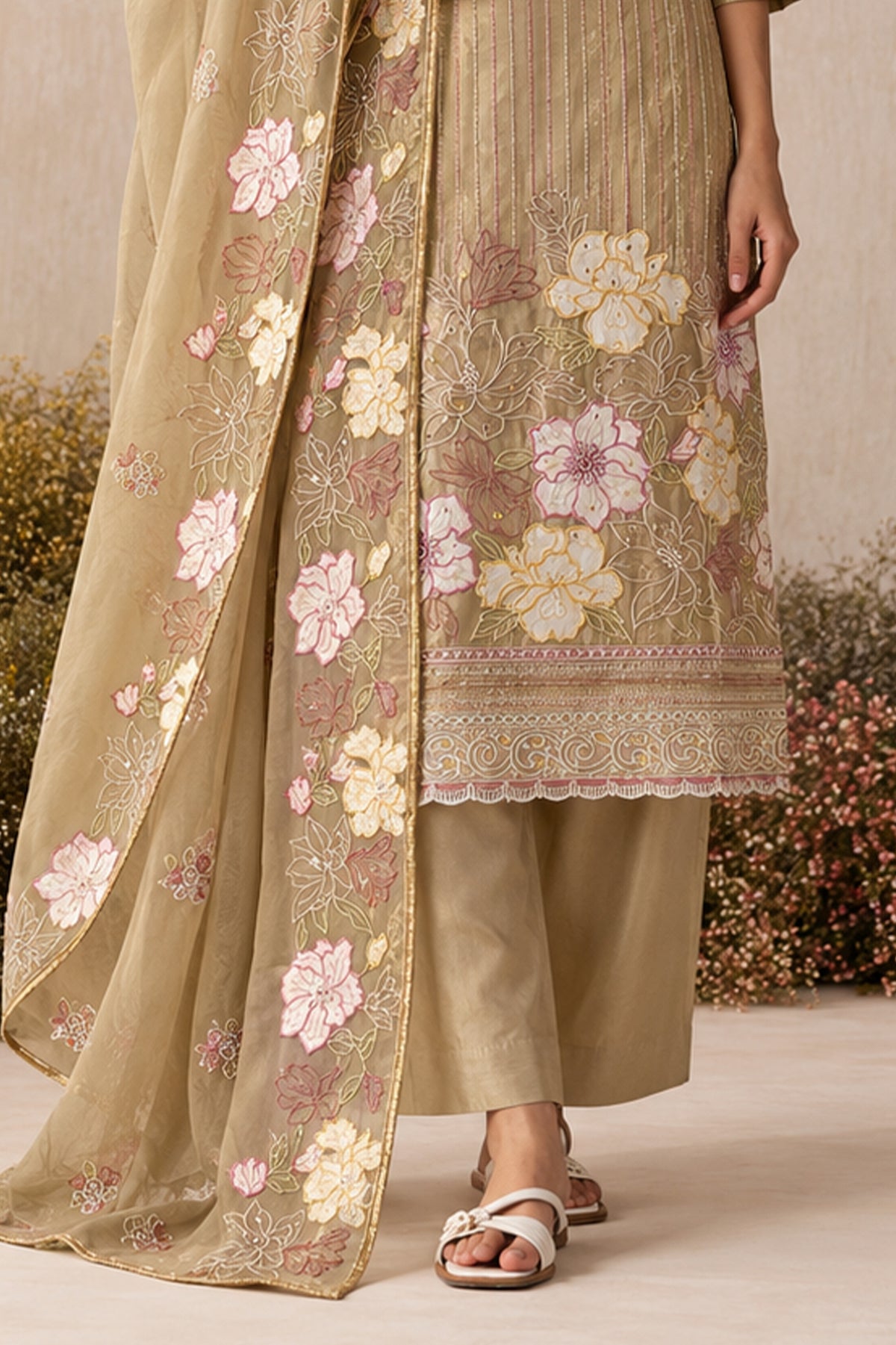 Golden Beige Readymade Embroidered Shimmer Silk Suit-SAR13338_4_SareeButa.com