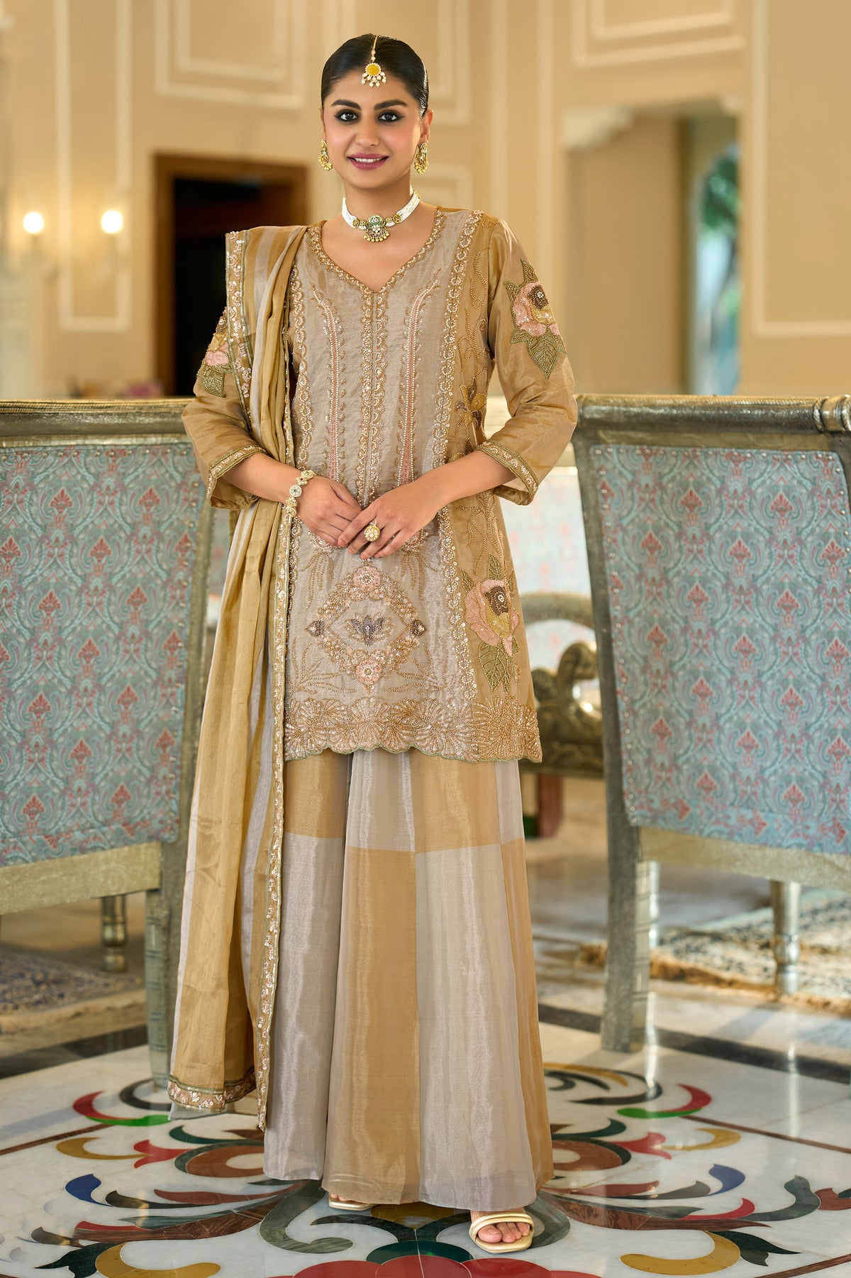 Golden Beige Readymade Embroidered Tissue Palazzo Suit-SAR13325_1_SareeButa.com