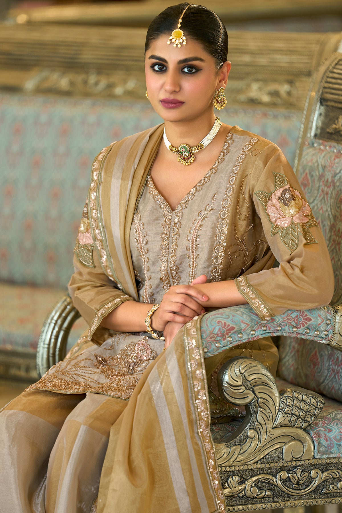 Golden Beige Readymade Embroidered Tissue Palazzo Suit-SAR13325_2_SareeButa.com