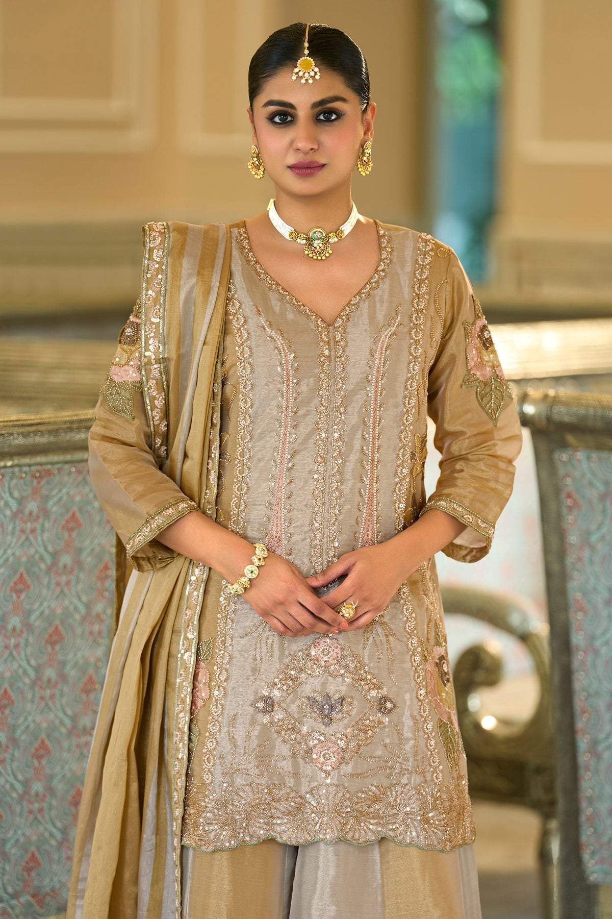 Golden Beige Readymade Embroidered Tissue Palazzo Suit-SAR13325_3_SareeButa.com