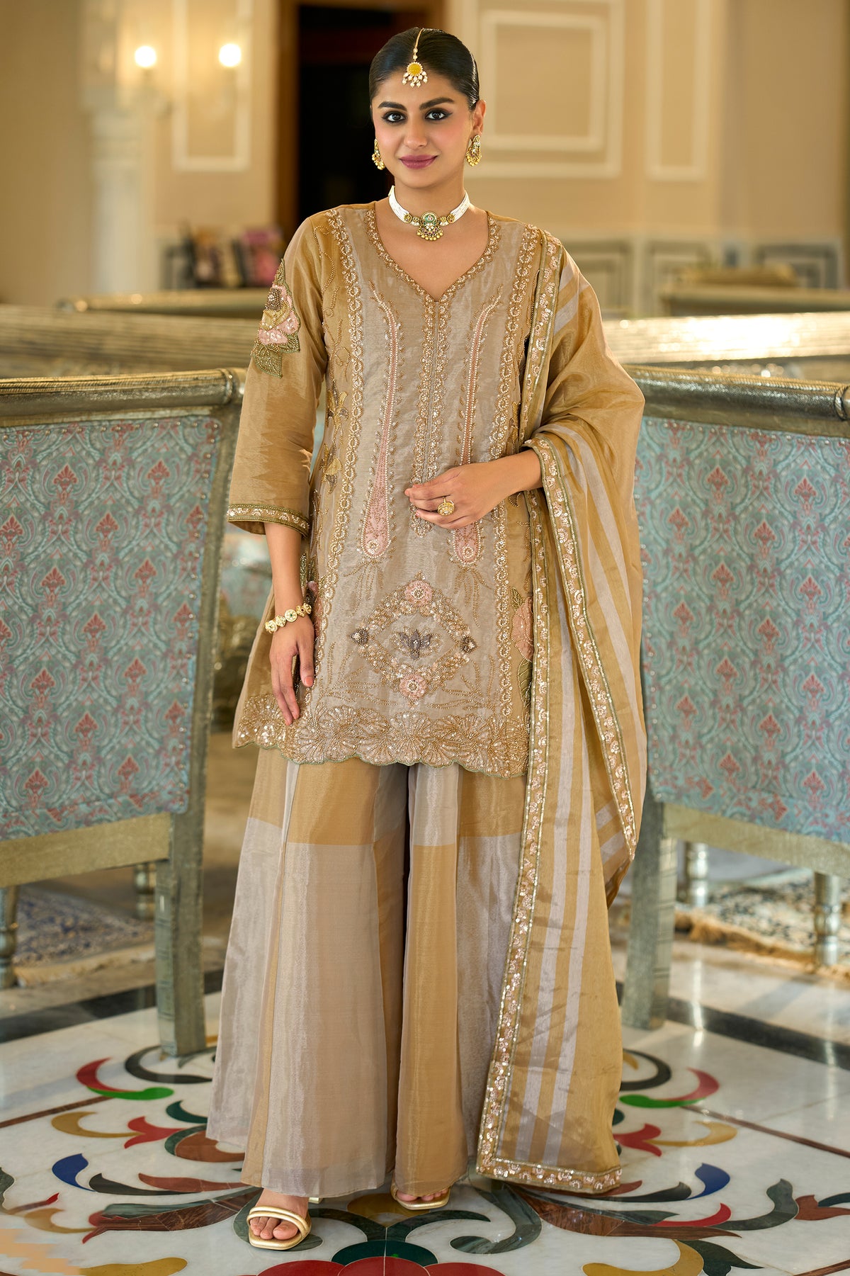 Golden Beige Readymade Embroidered Tissue Palazzo Suit-SAR13325_4_SareeButa.com
