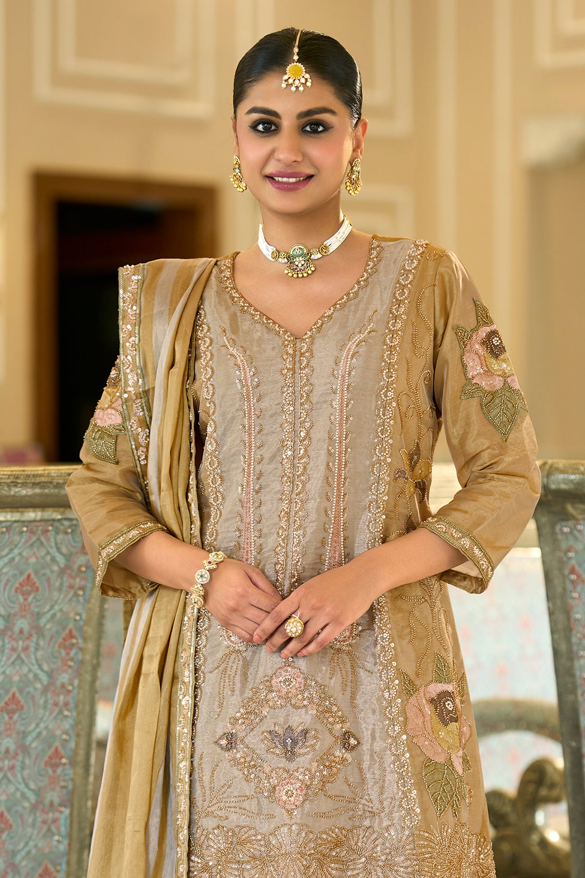 Golden Beige Readymade Embroidered Tissue Palazzo Suit-SAR13325_5_SareeButa.com