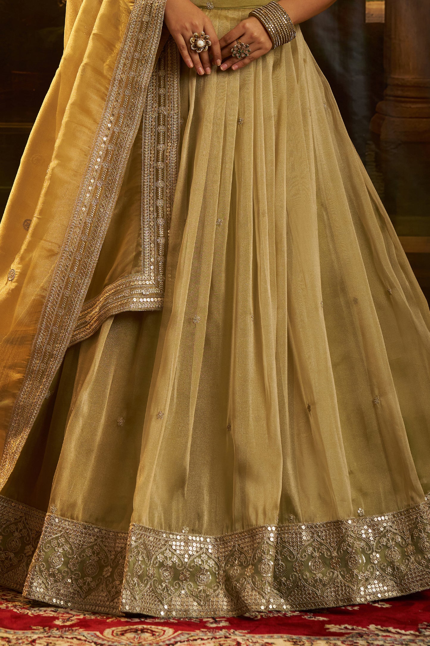 Golden Beige Semi-Stitched Embroidered Crepe Lehenga