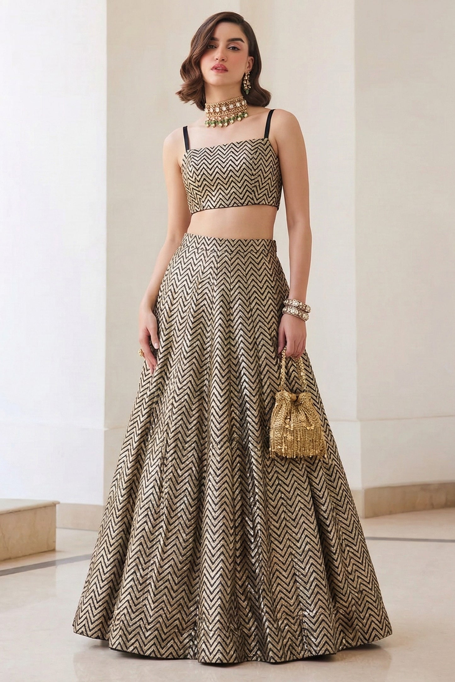 Golden Black Readymade Jacquard Silk Skirt Set-SAR12777_1_SareeButa.com