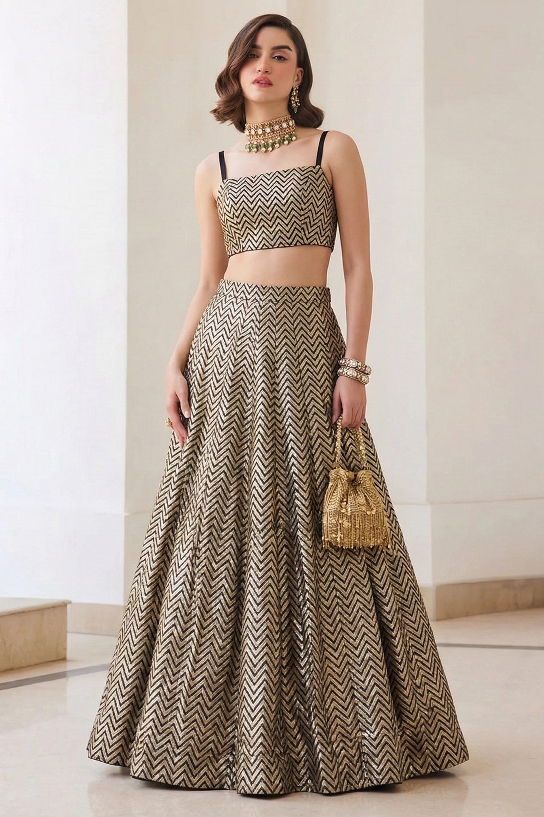 Golden Black Readymade Jacquard Silk Skirt Set-SAR12777_1_SareeButa.com