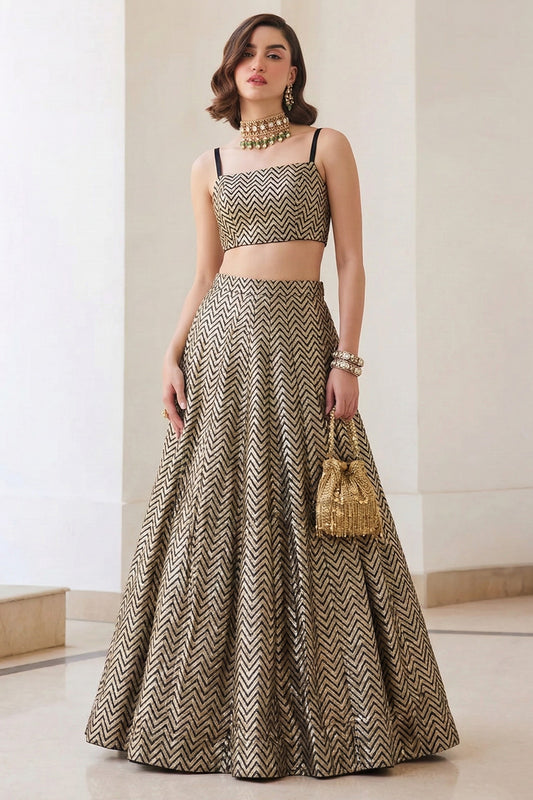 Golden Black Readymade Jacquard Silk Skirt Set-SAR12777_1_SareeButa.com