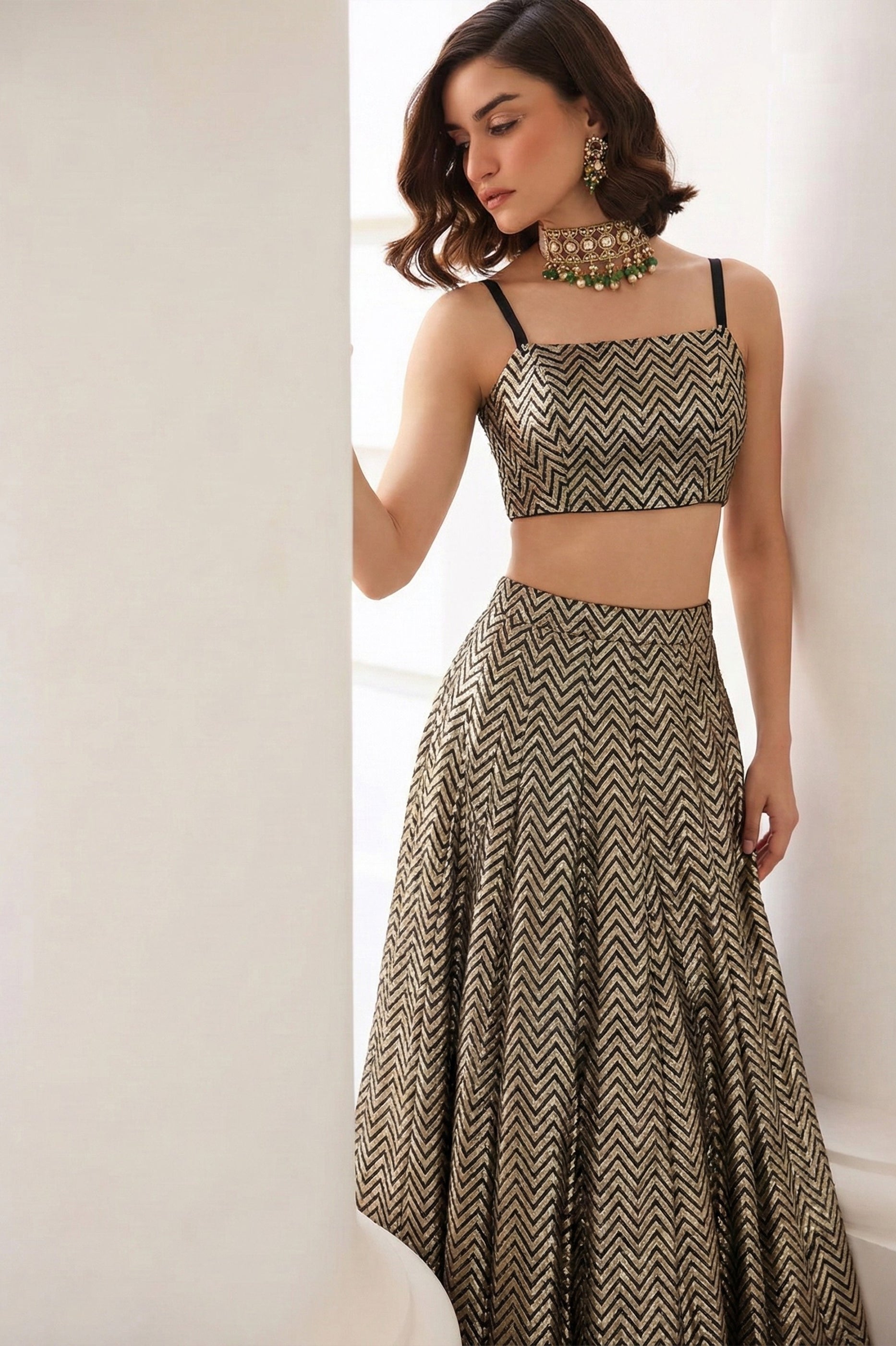 Golden Black Readymade Jacquard Silk Skirt Set-SAR12777_3_SareeButa.com