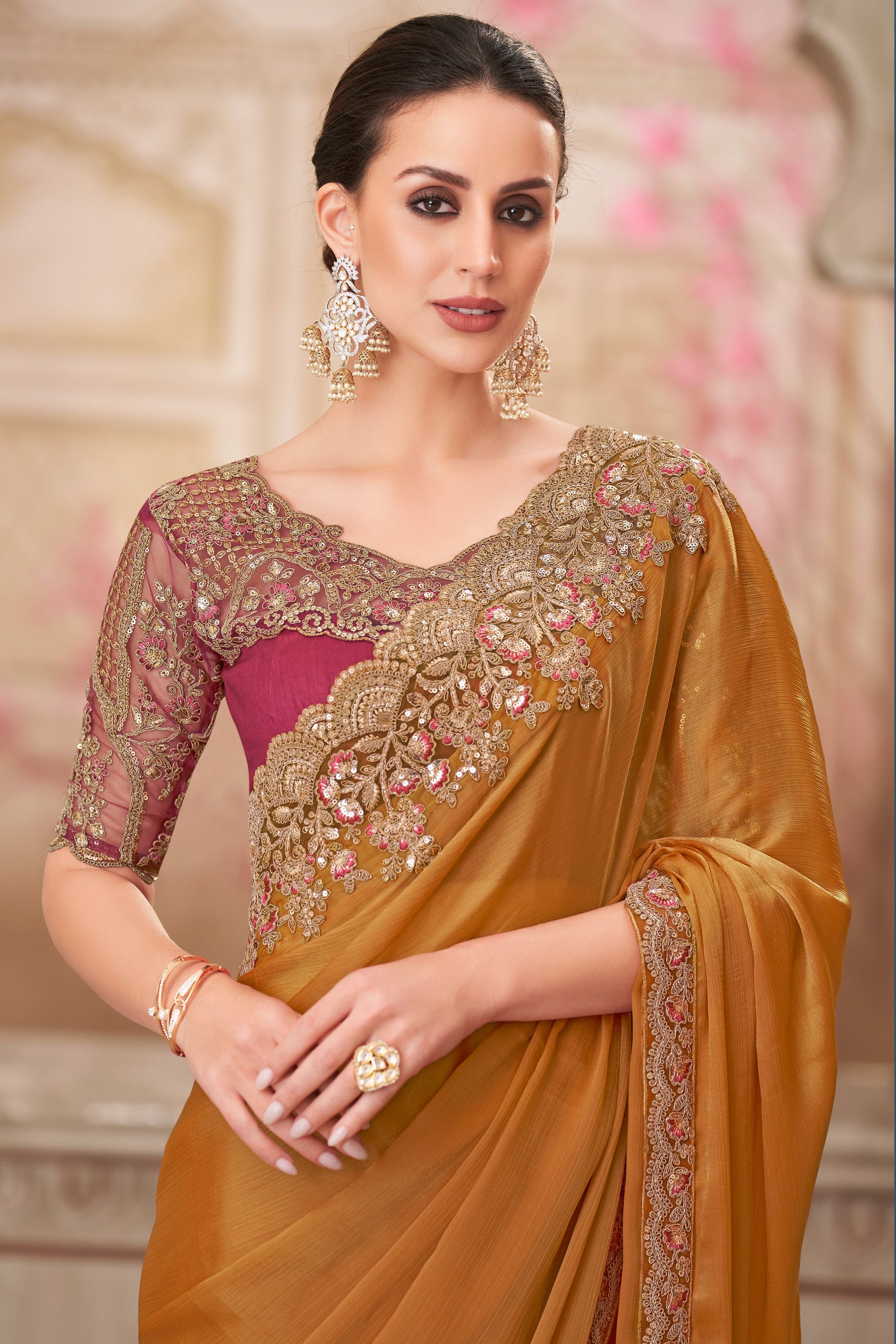 Golden Brown Embroidered Chiffon Silk Saree-ZB134559_2_SareeButa.com