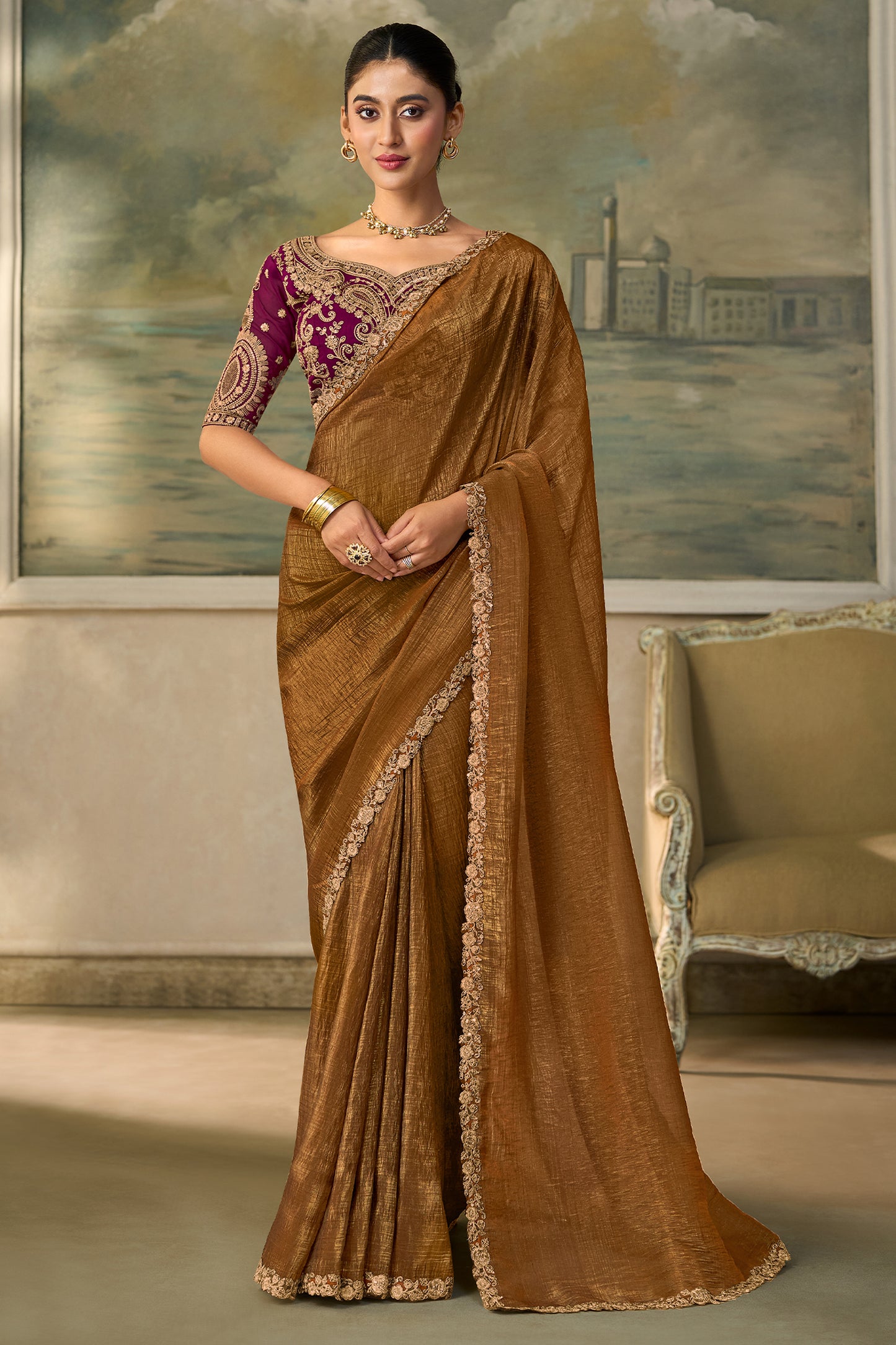 Golden Brown Embroidered Georgette Saree-SAR13171_1_SareeButa.com