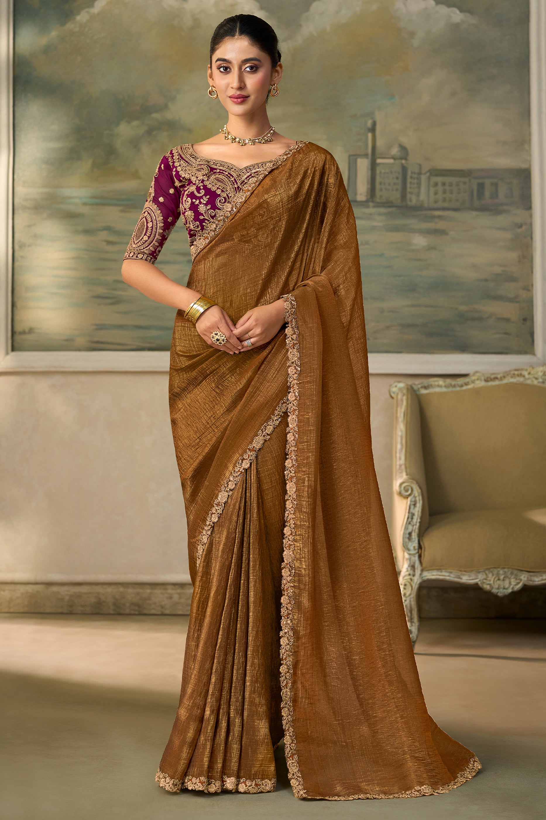 Golden Brown Embroidered Georgette Saree-SAR13171_1_SareeButa.com