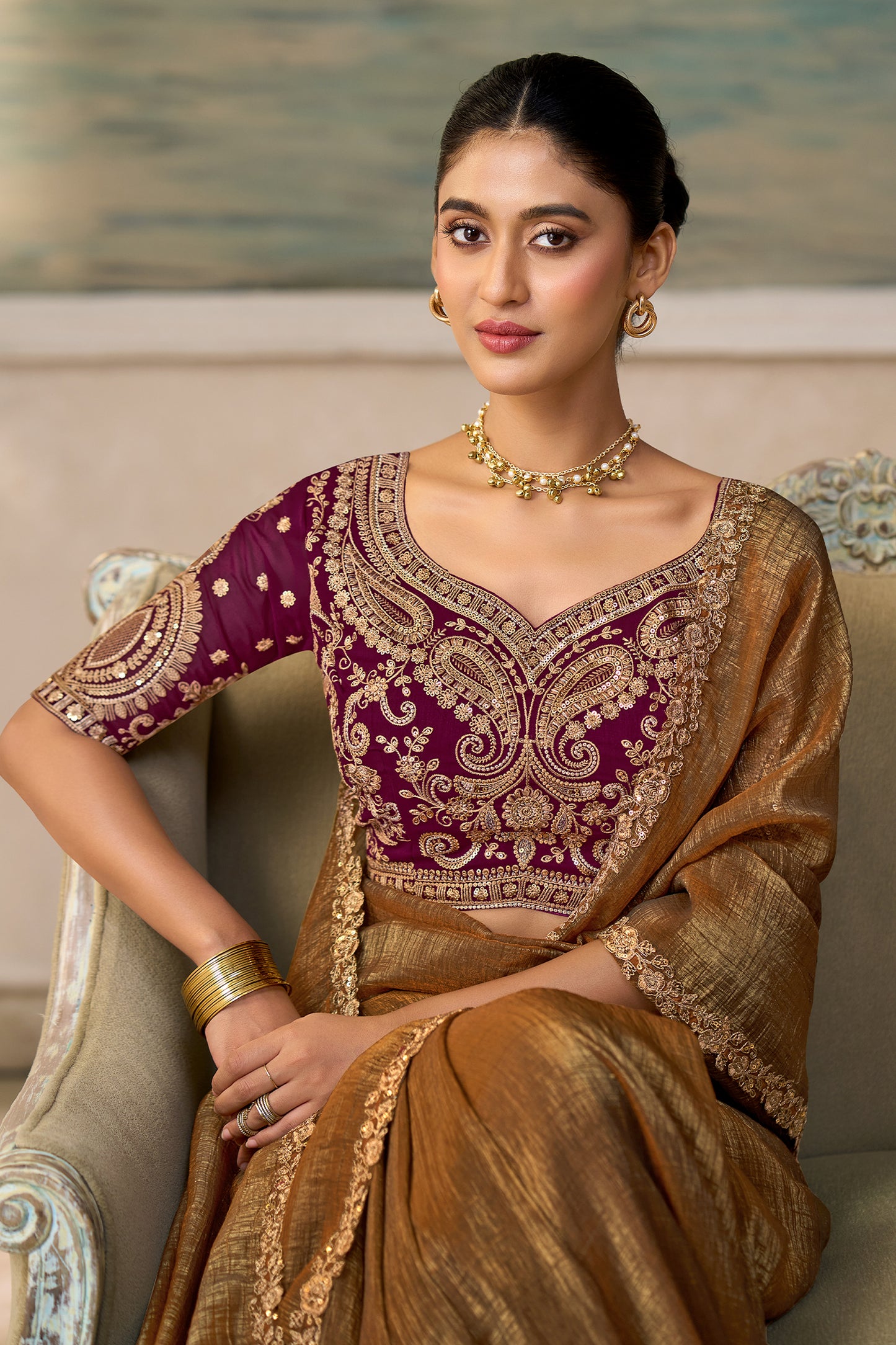 Golden Brown Embroidered Georgette Saree-SAR13171_2_SareeButa.com