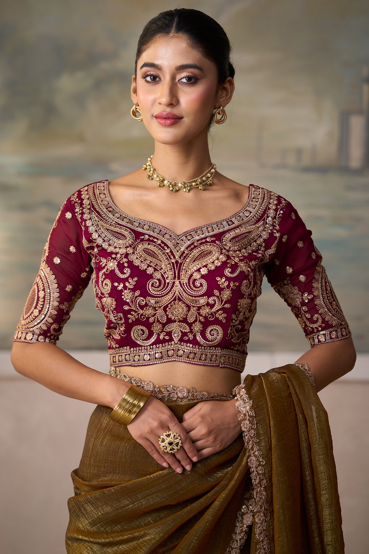 Golden Brown Embroidered Georgette Saree-SAR13171_3_SareeButa.com