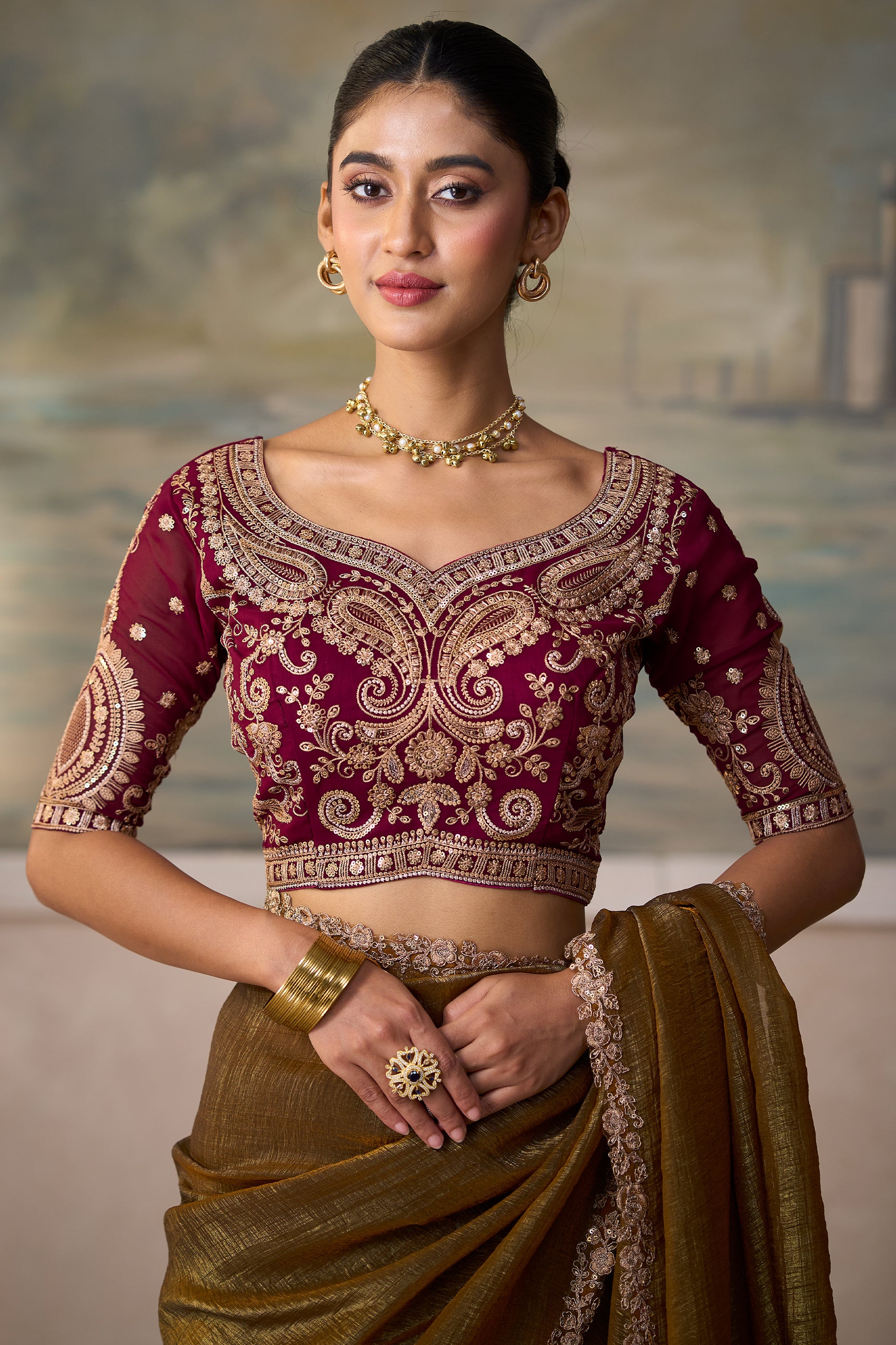 Golden Brown Embroidered Georgette Saree-SAR13171_3_SareeButa.com