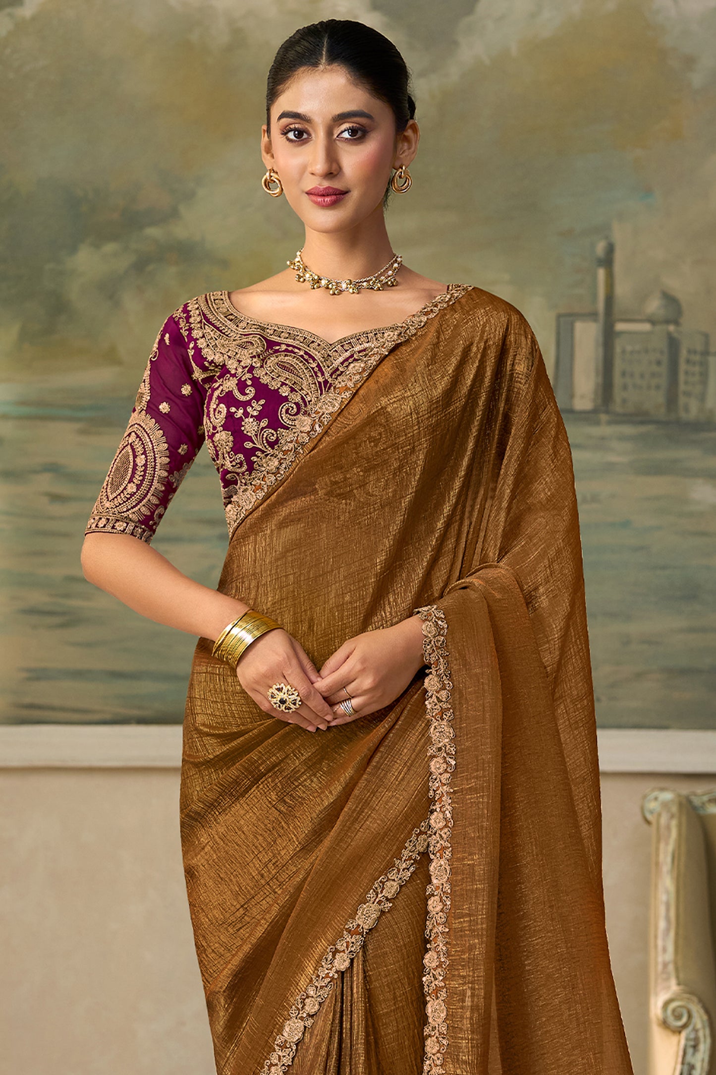 Golden Brown Embroidered Georgette Saree-SAR13171_5_SareeButa.com