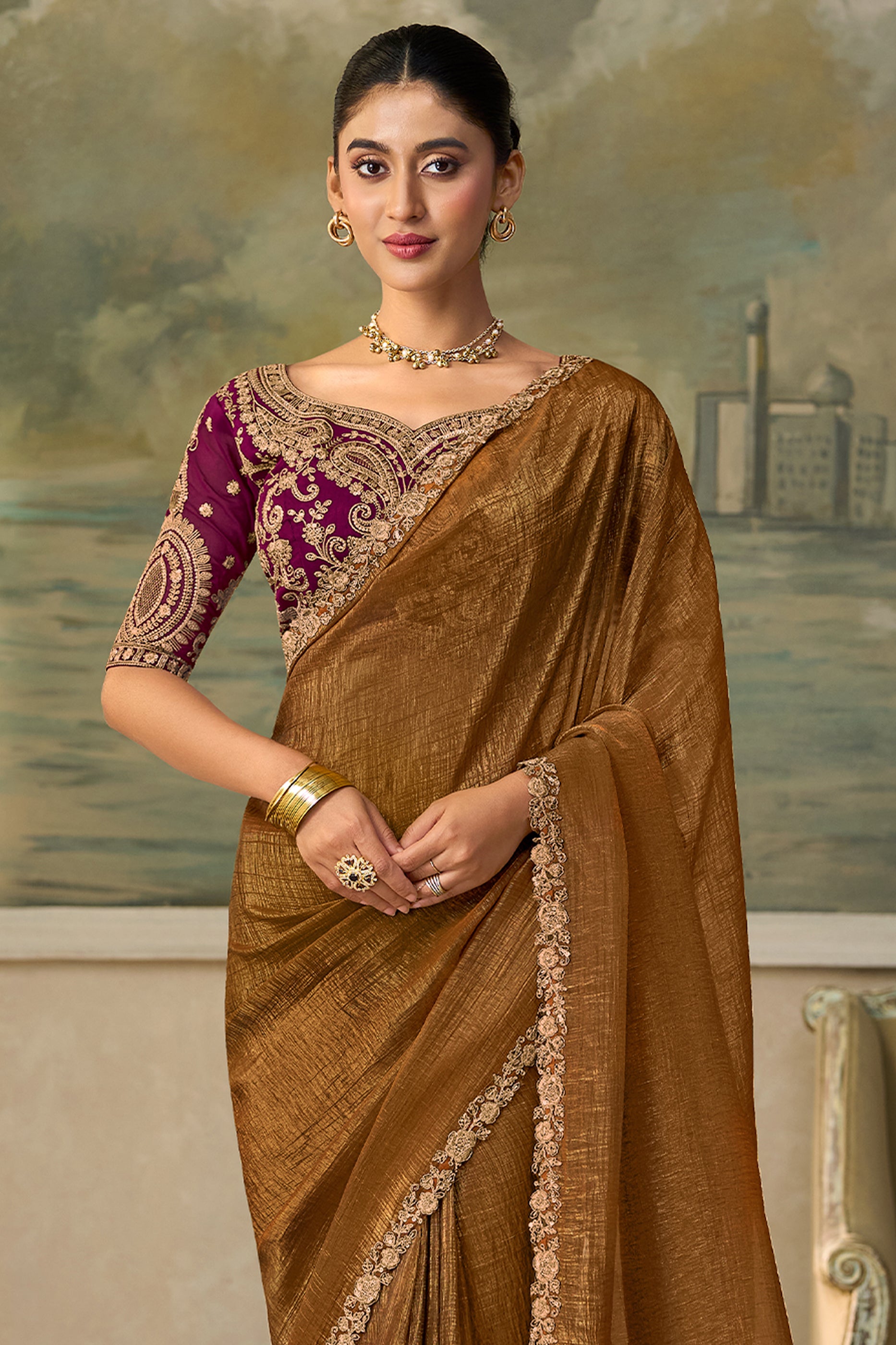 Golden Brown Embroidered Georgette Saree-SAR13171_5_SareeButa.com