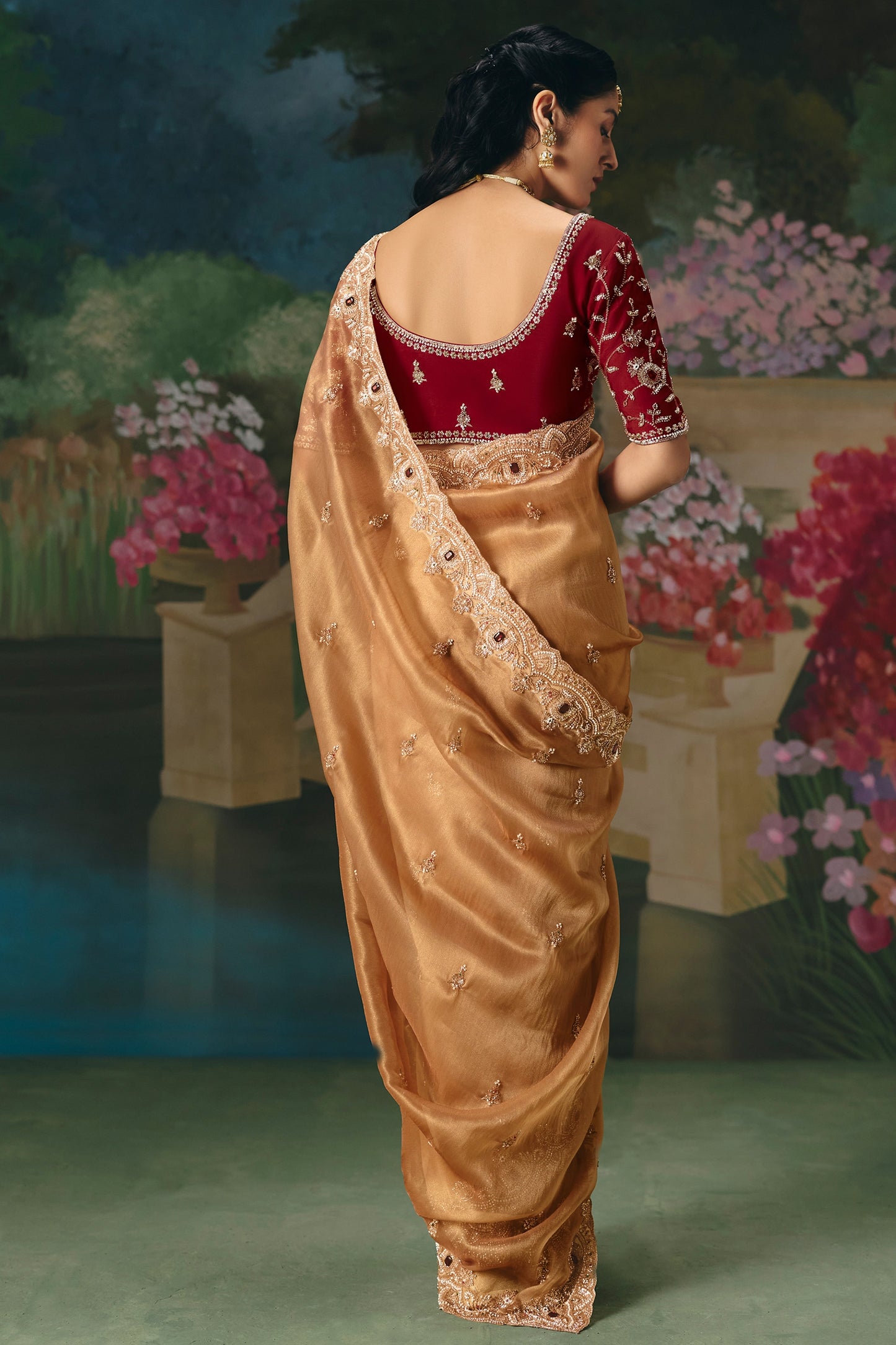 Golden Brown Embroidered Organza Saree-SAR12022_4_SareeButa.com